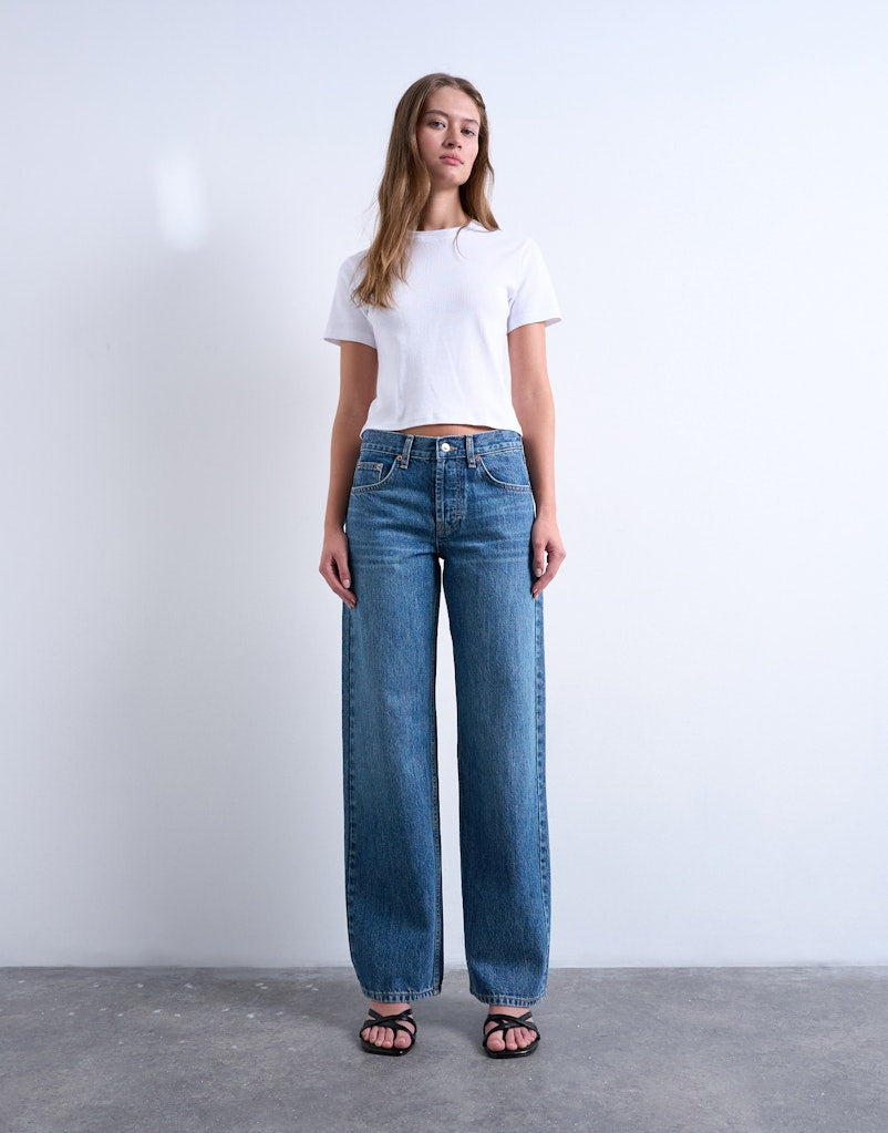 Topshop Ember Low Rise Wide Jean - Medium Blue Denim 5 Shaws Department Stores