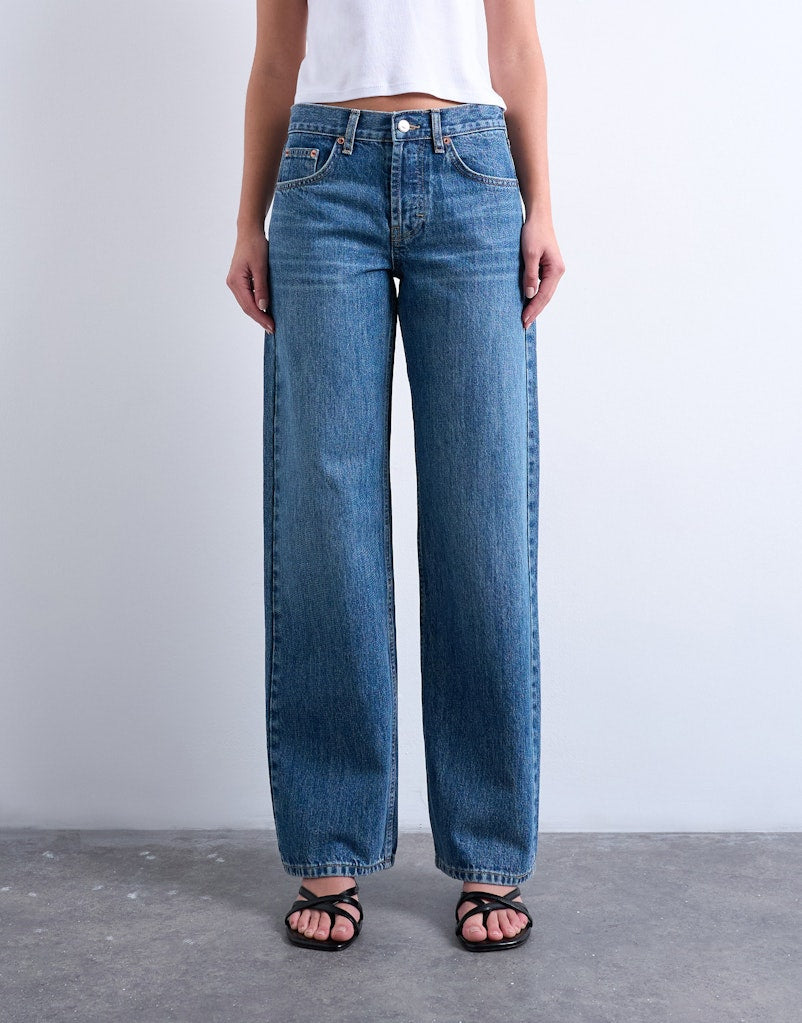 Topshop Ember Low Rise Wide Jean - Medium Blue Denim 1 Shaws Department Stores