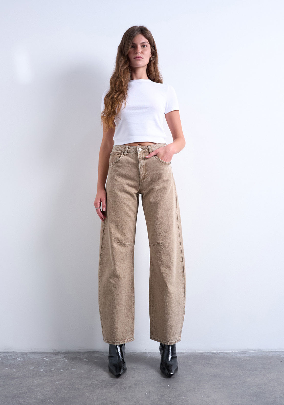 Topshop Brianna Barrel Jeans - Beige Denim 4 Shaws Department Stores