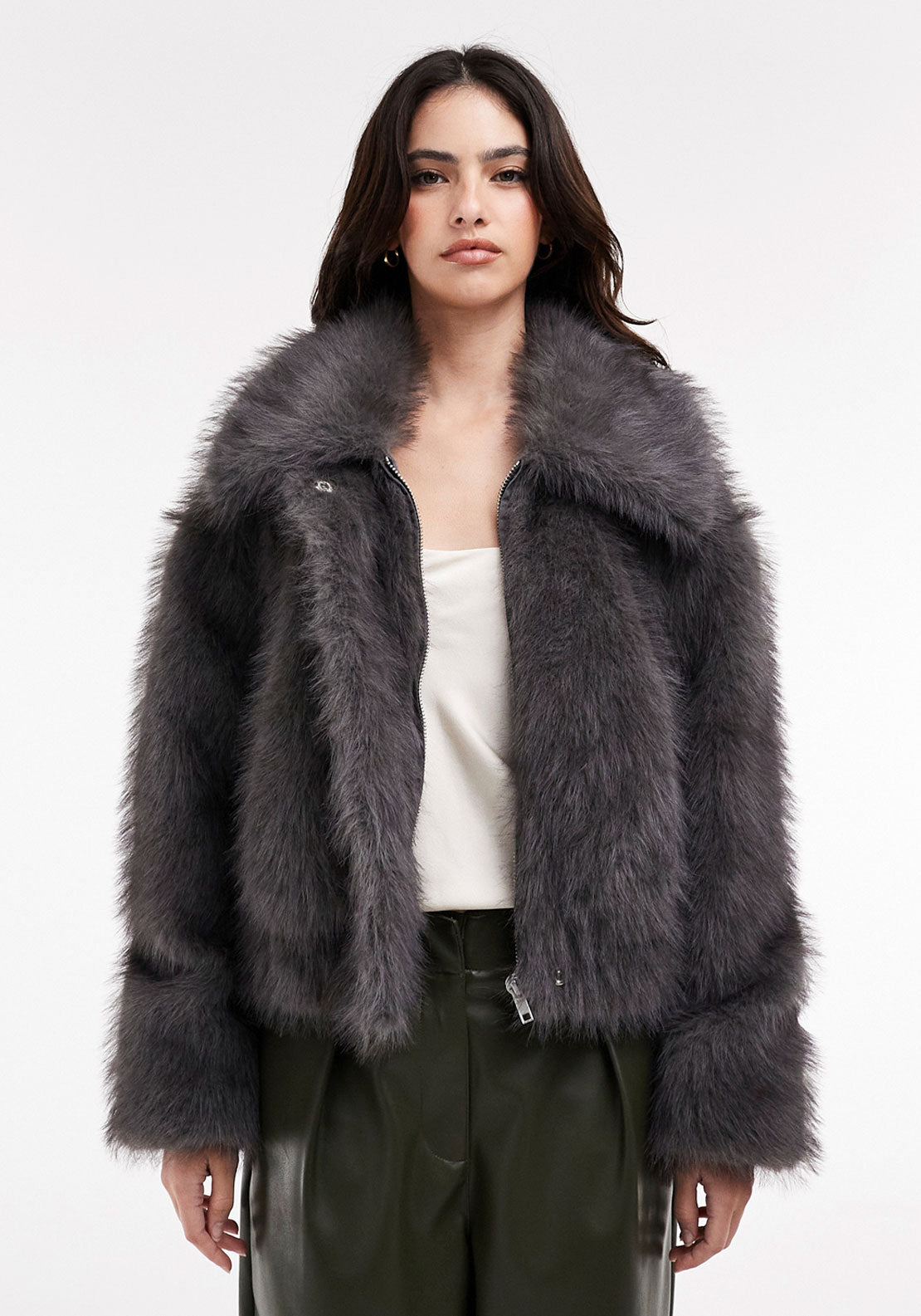 Topshop Juliana Pu Bomber Jacket - Concrete Grey 1 Shaws Department Stores