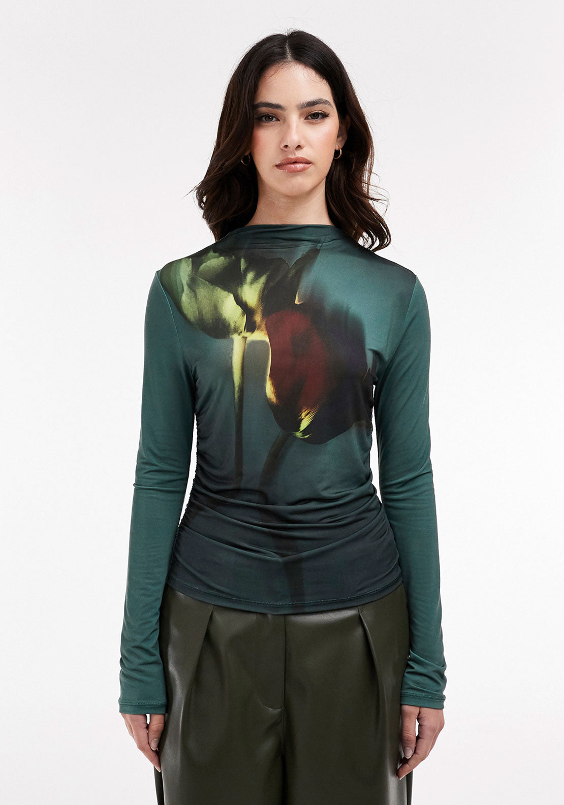 Topshop Kimmie Long Sleeve High Neck Top - Bright Green 1 Shaws Department Stores