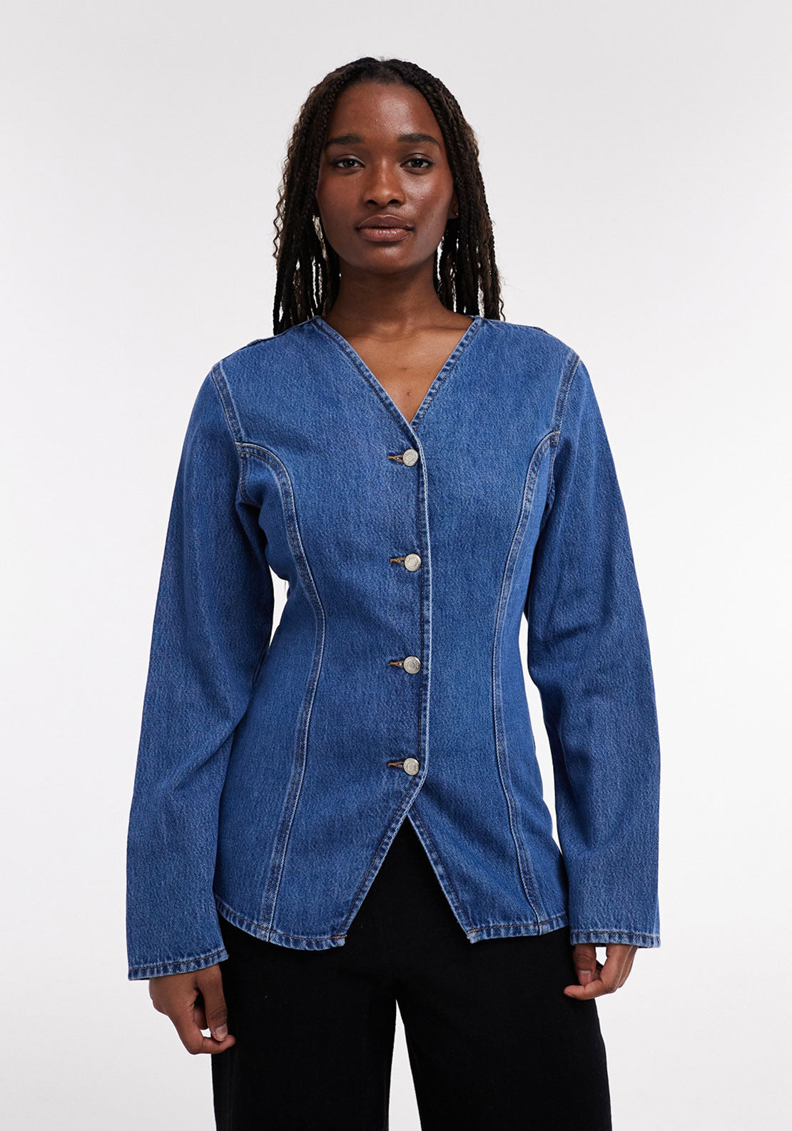 Topshop Peyton Vneck Shirt - Medium Blue Denim 1 Shaws Department Stores