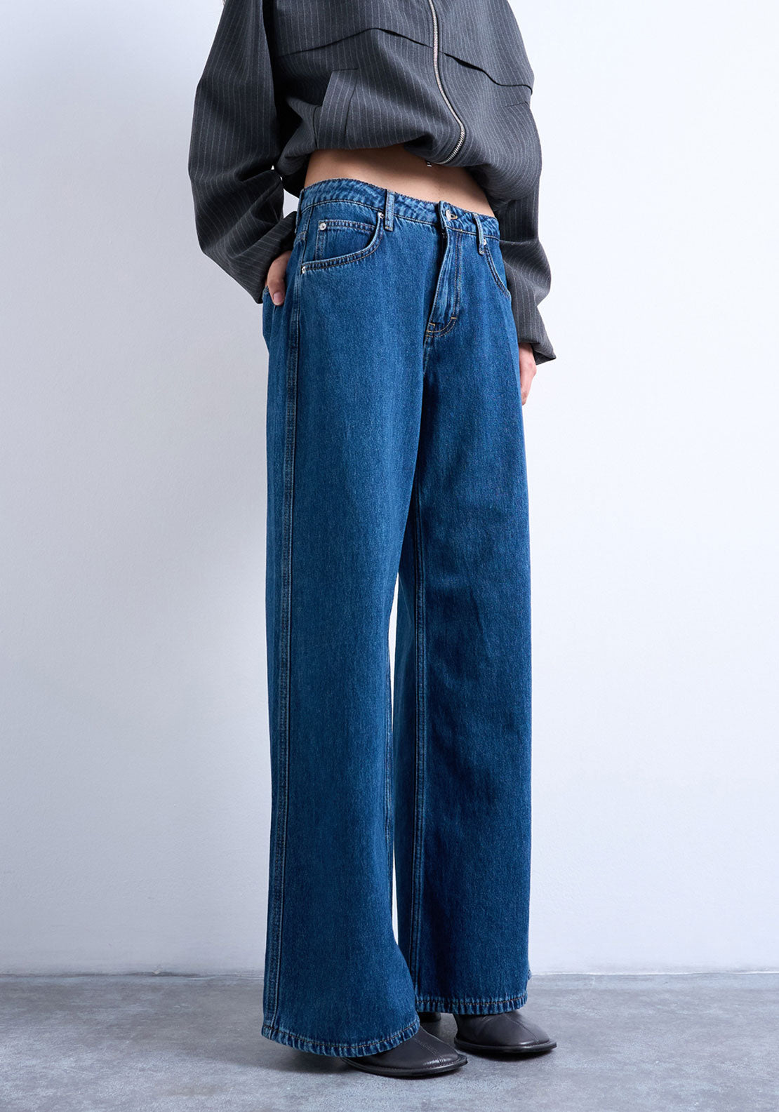 Topshop Sofie Low Rise Straight Jeans - Medium Blue Denim 1 Shaws Department Stores
