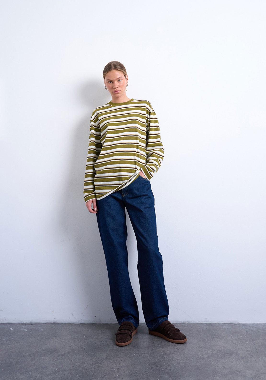 Topshop Nila Stripe Skater T-Shirt - Khaki 4 Shaws Department Stores