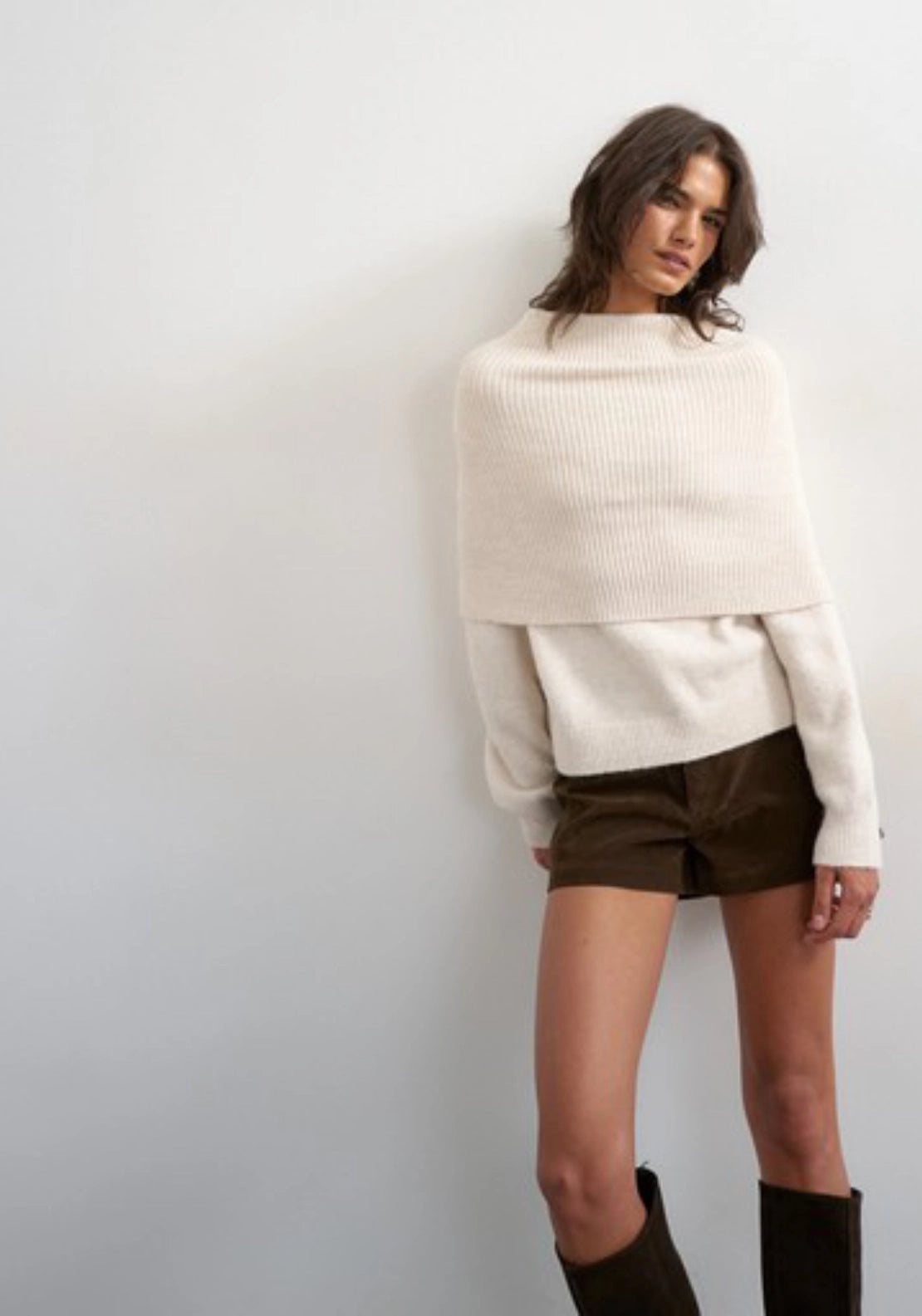 Funa Knitted Deep Fold Jumper - White