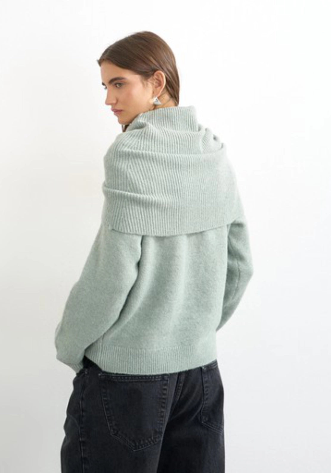 Funa Knitted Deep Fold Jumper - Artichoke Green