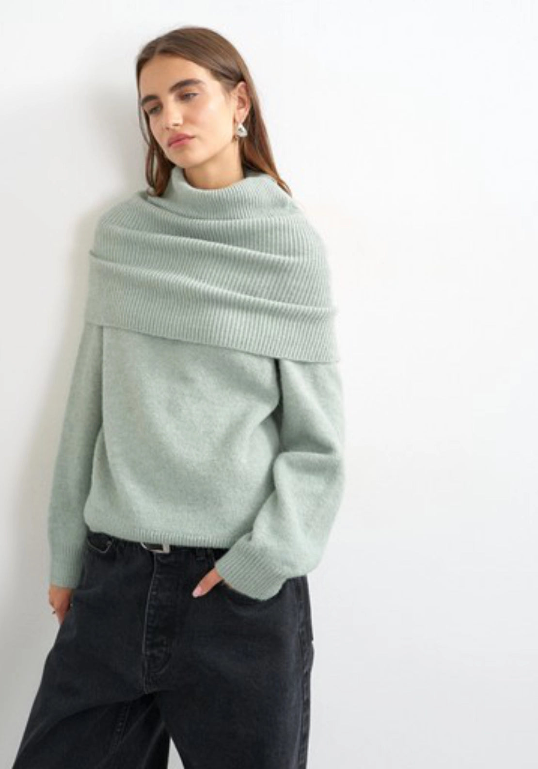 Funa Knitted Deep Fold Jumper - Artichoke Green