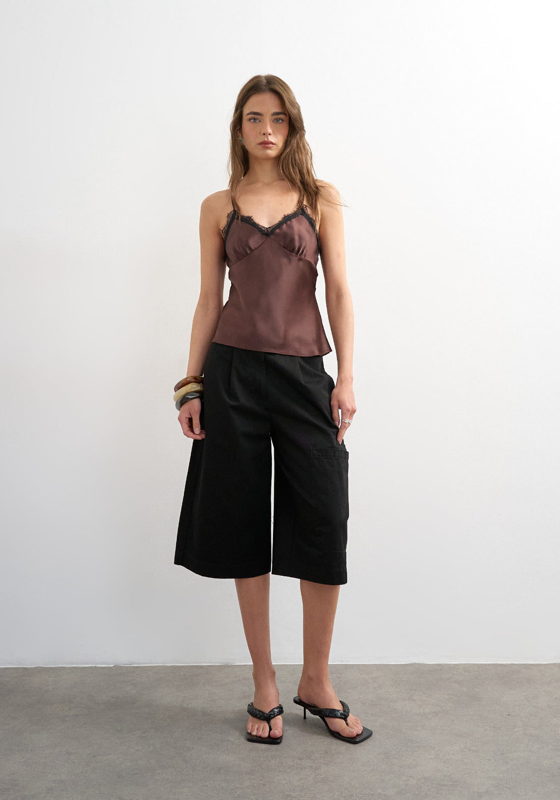 Topshop Naomi Lace Trim Satin Cami Top - Chocolate Brown 4 Shaws Department Stores