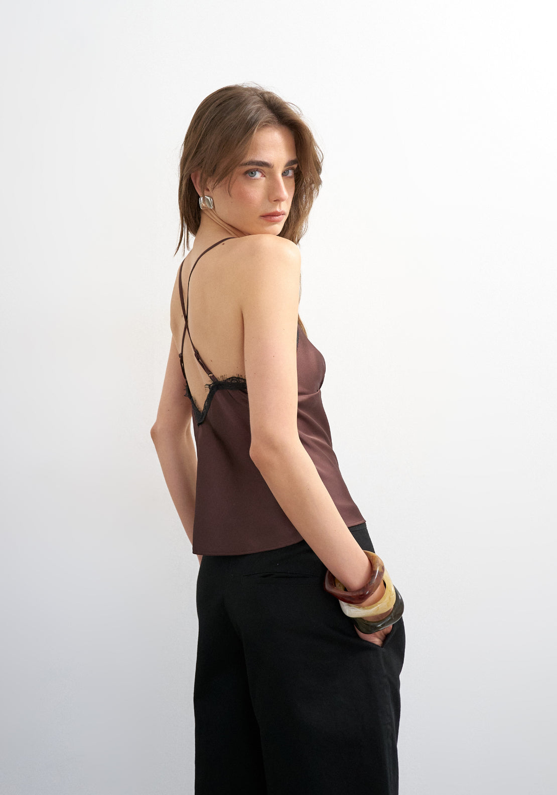 Topshop Naomi Lace Trim Satin Cami Top - Chocolate Brown 2 Shaws Department Stores