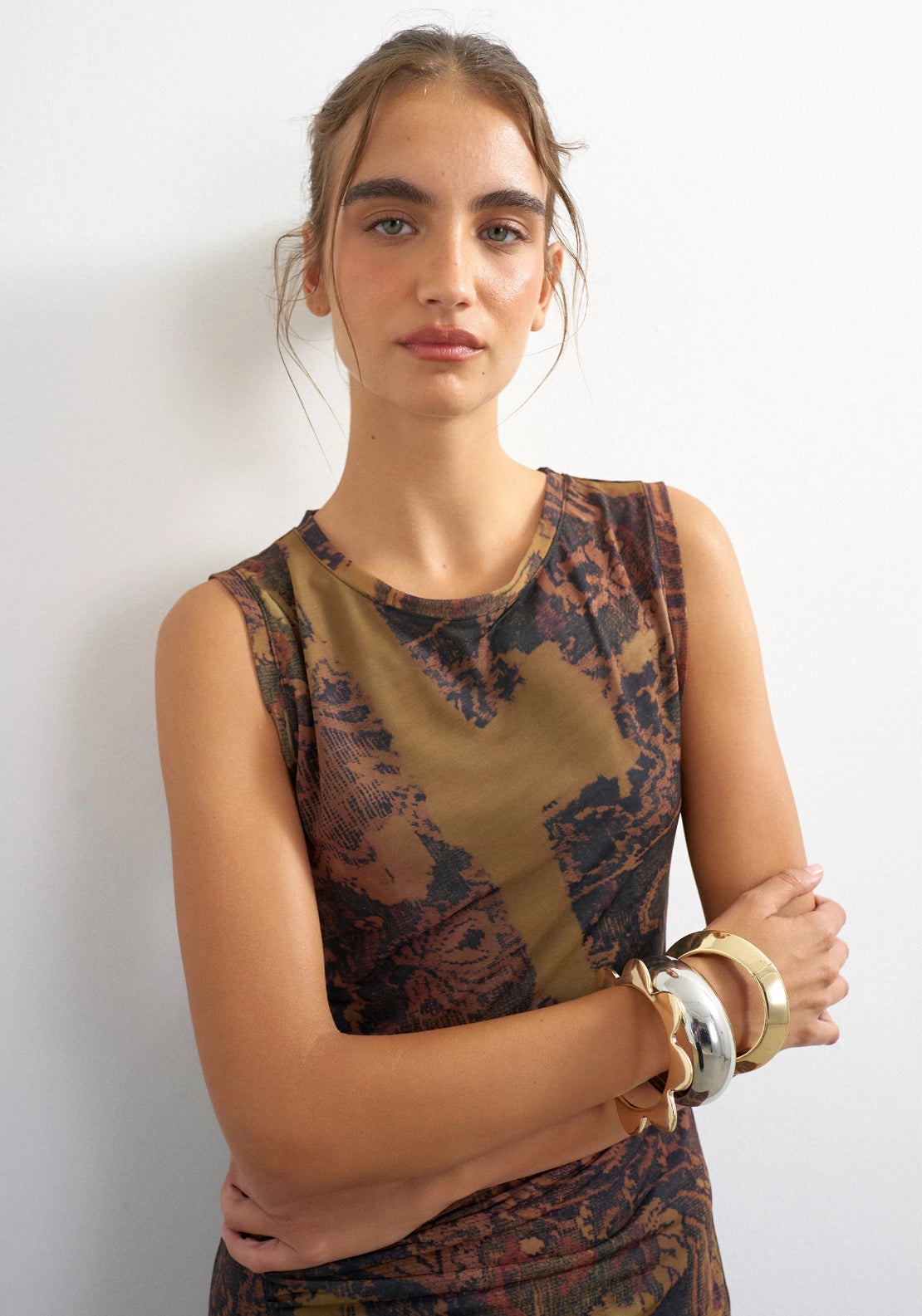 Caisa Mesh Check Tapestry Maxi Dress - Downtown Brown