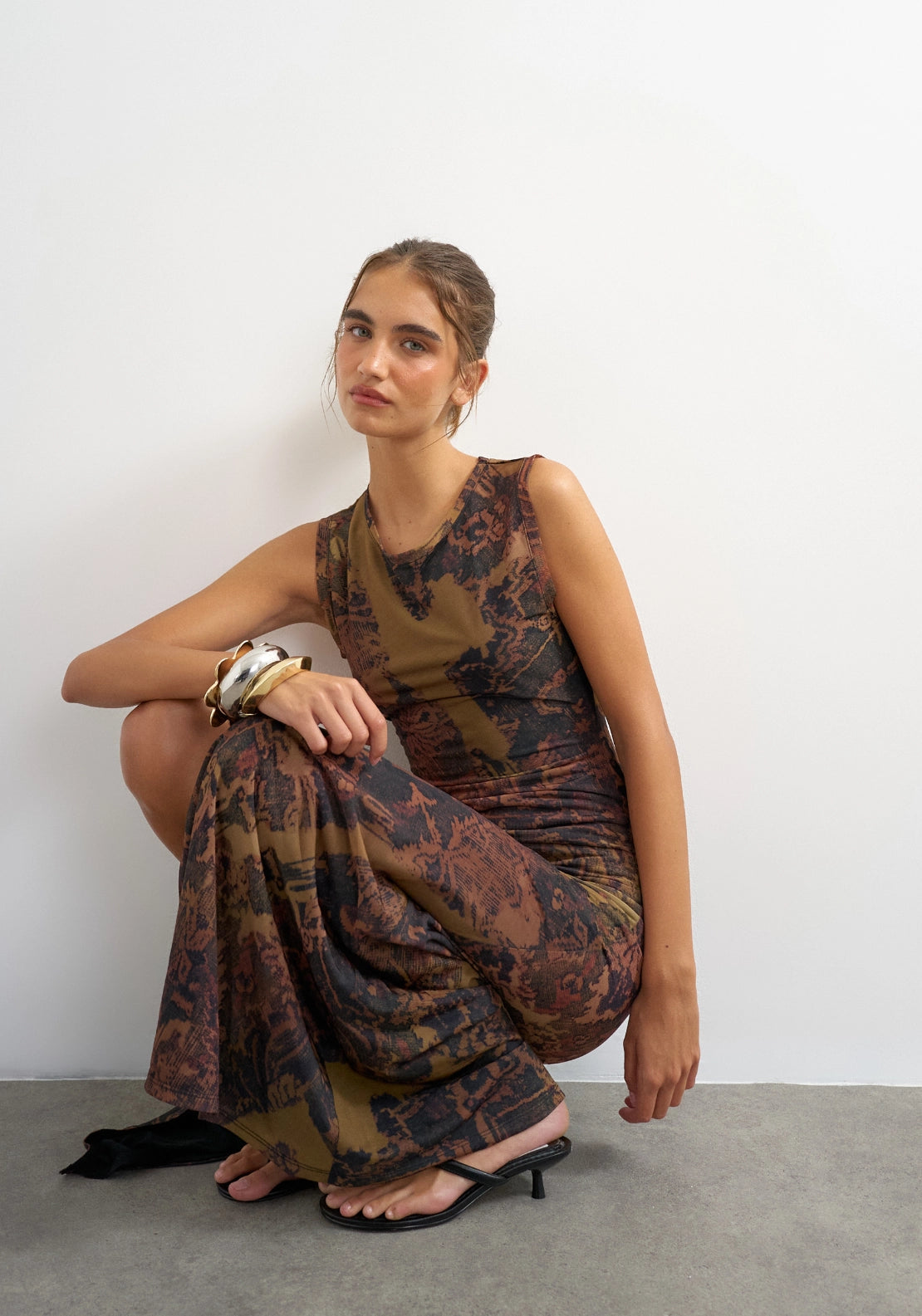 Caisa Mesh Check Tapestry Maxi Dress - Downtown Brown