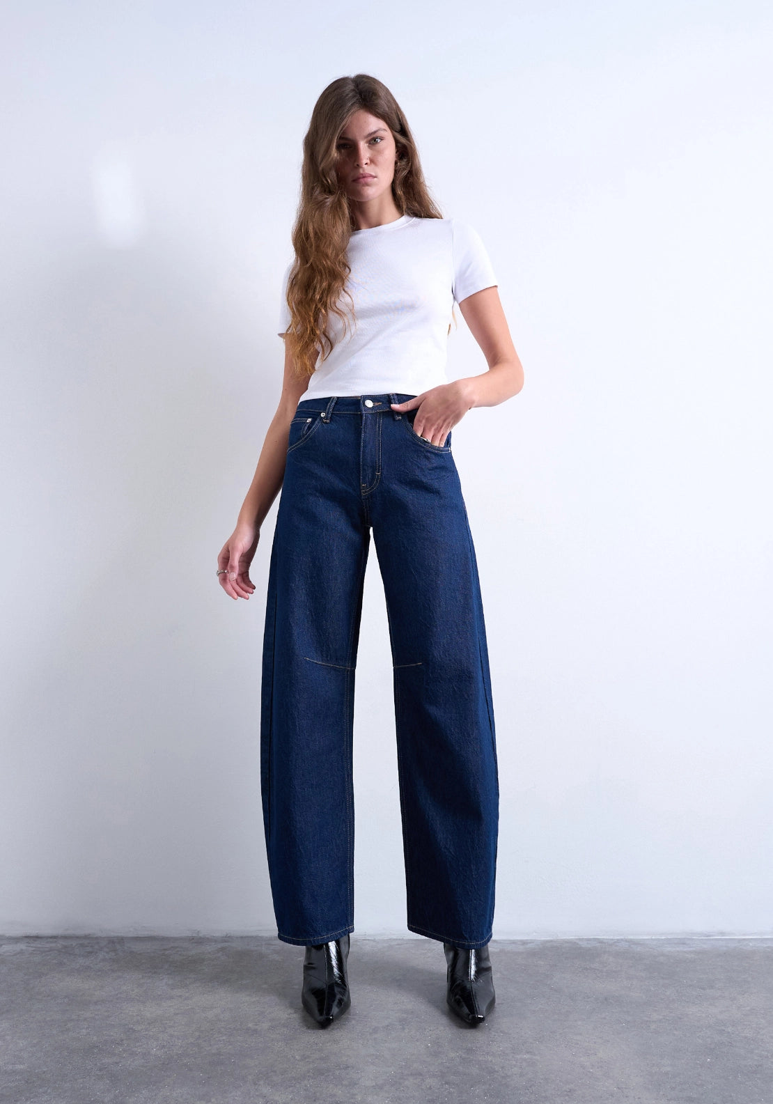 Topshop High-Rise Barrel Leg Jeans - Blue Denim 1 Shaws Department Stores