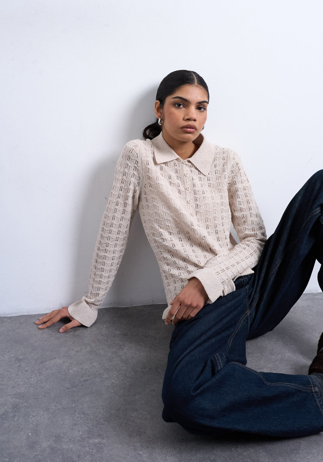 Topshop Emma Frill Long Sleeve Button Pullover - Oatmeal 4 Shaws Department Stores