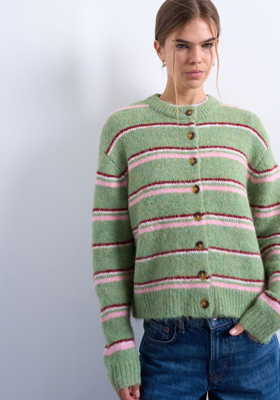 Topshop Caro Stripe Cardigan - Bright Green 1 Shaws Department Stores
