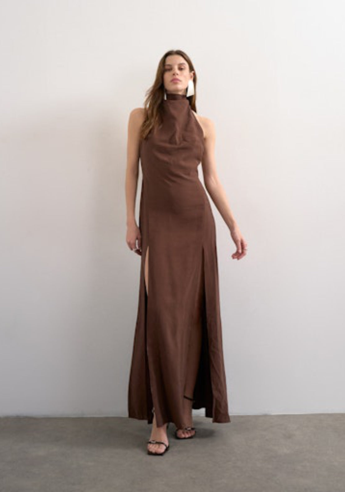 Topshop Gry Sleeveless Halterneck Maxi Dress - Chocolate Brown 1 Shaws Department Stores