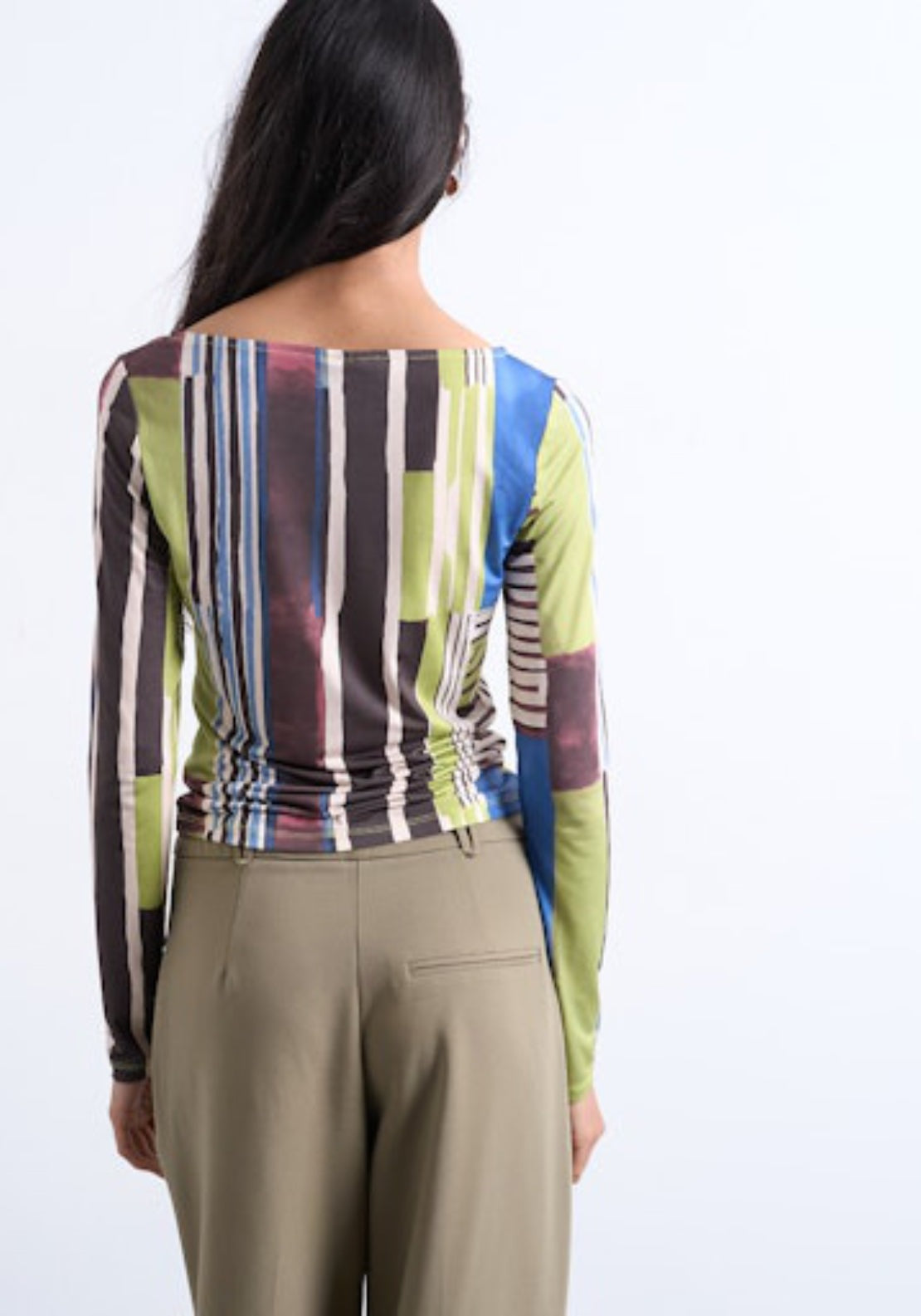 Topshop Caroline Long Sleeve Stripe Top - Bright Green 2 Shaws Department Stores