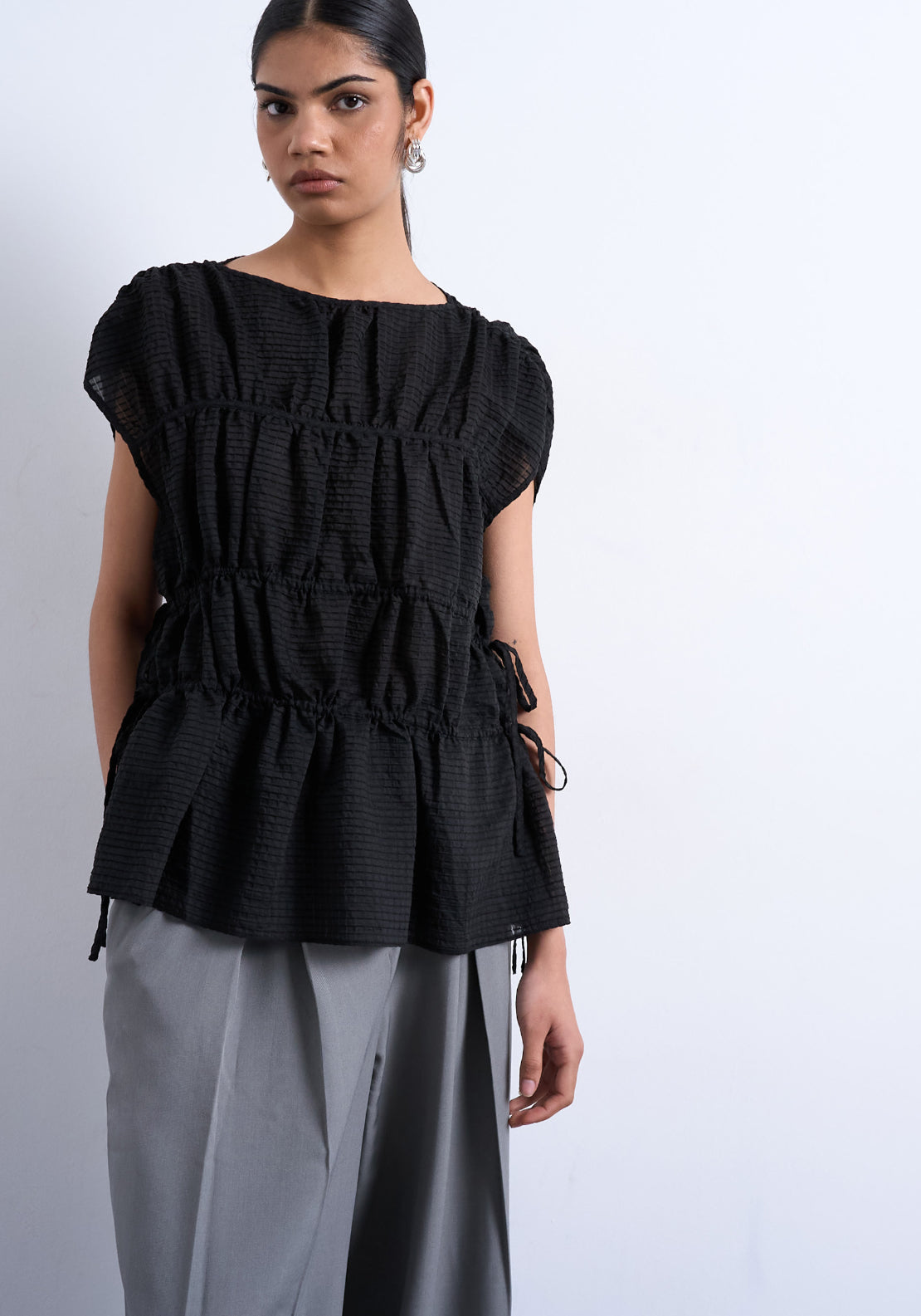 Topshop Ena Short Sleeve Tie Top - Black 1 Shaws Department Stores