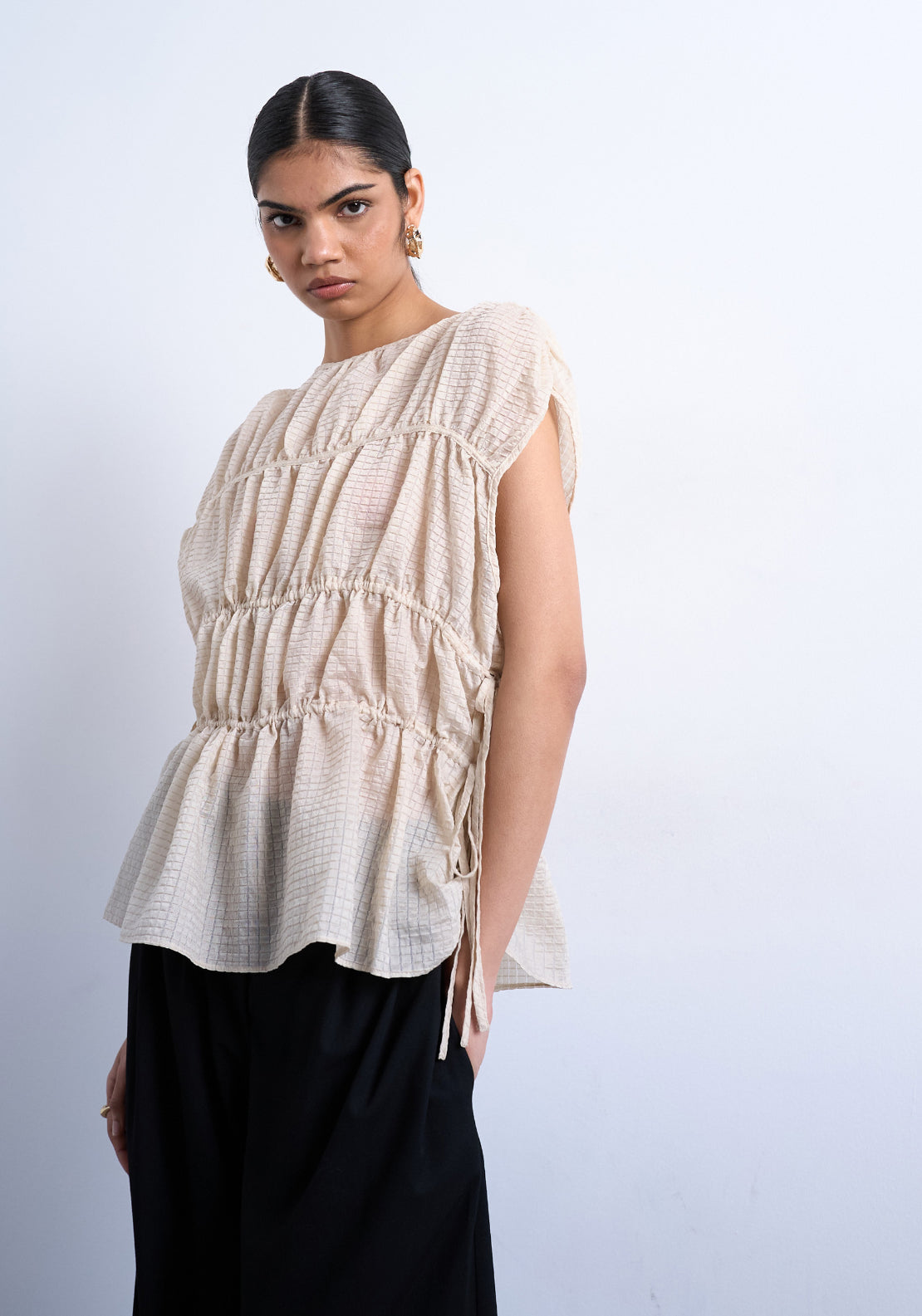 Topshop Ena Short Sleeve Tie Top - Ecru 1 Shaws Department Stores