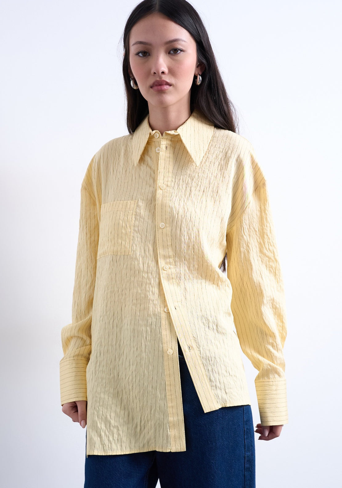 Topshop Sia Long Sleeve Asymetric Shirt - Yellow Cream 1 Shaws Department Stores