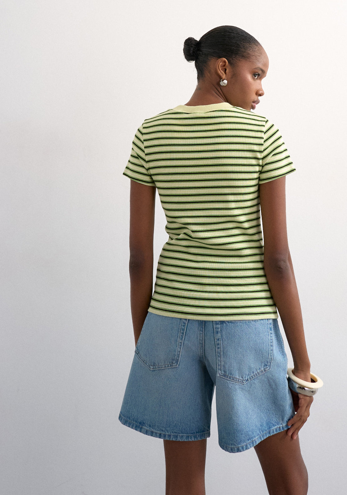 Topshop Sally Short Sleeve Stripe Rib Short Tee - Bright Green 2 Shaws Department Stores