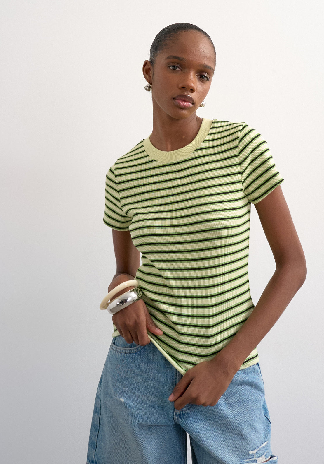 Topshop Sally Short Sleeve Stripe Rib Short Tee - Bright Green 1 Shaws Department Stores
