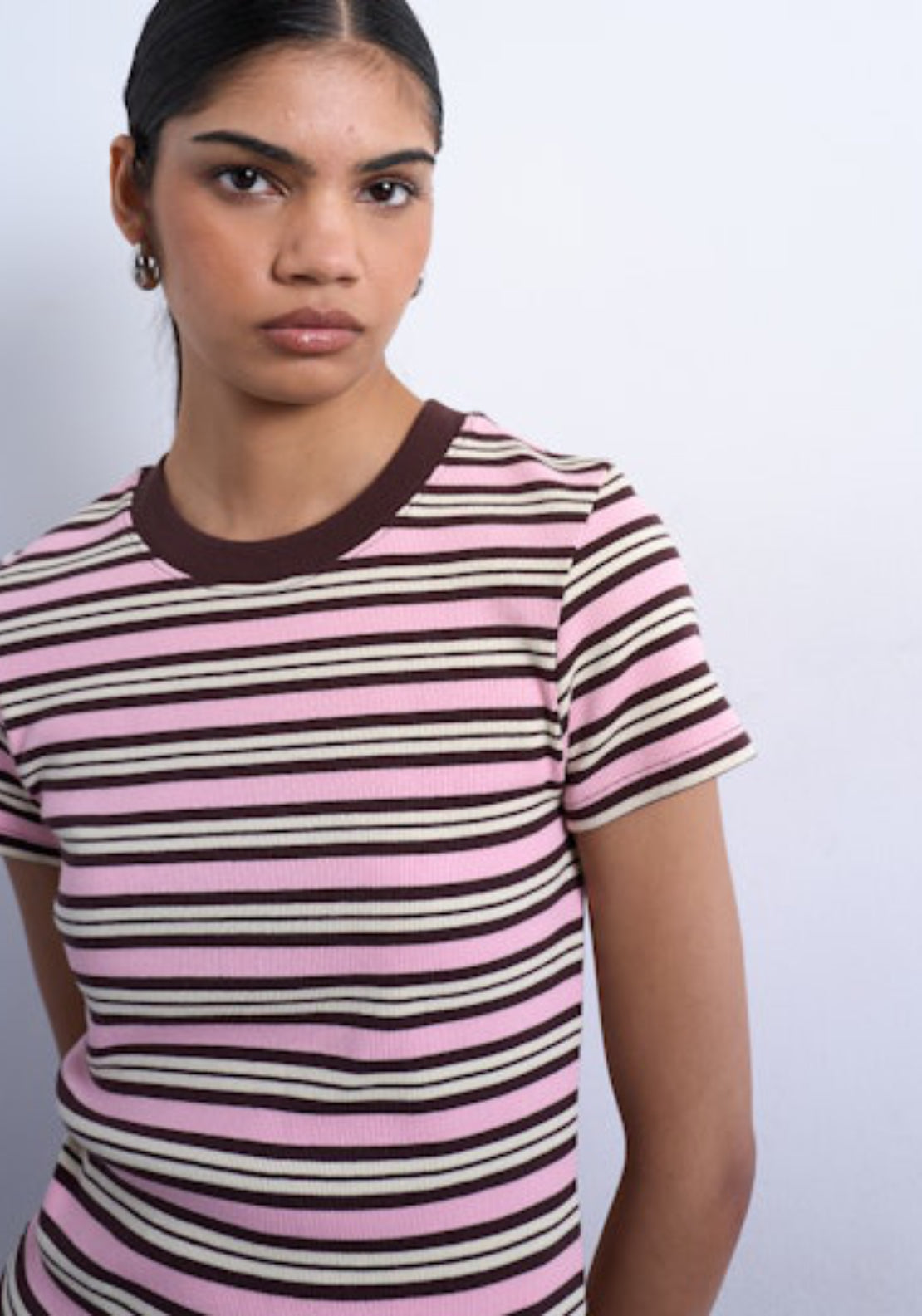 Topshop Sally Short Sleeve Stripe Rib Short Tee - Pink Cosmos 3 Shaws Department Stores