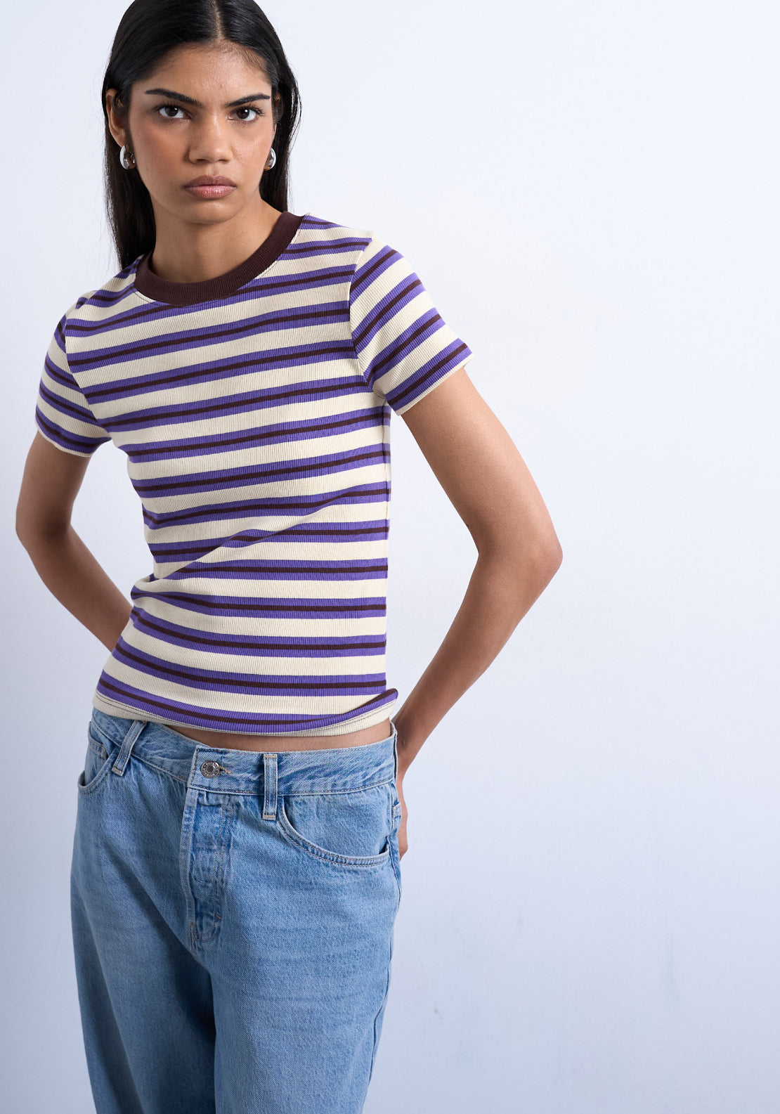 Topshop Sally Short Sleeve Stripe Rib Short Tee - Dahlia Purple 1 Shaws Department Stores