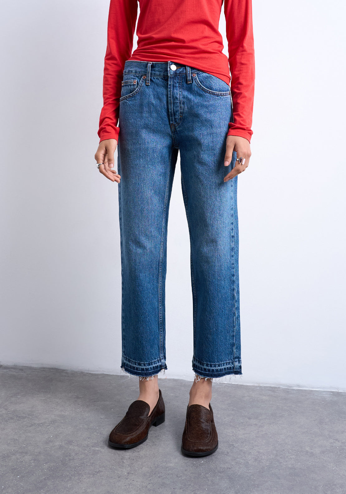 Topshop Runway Medium Rise Cropped Detail Denim Jeans - Blue Denim 1 Shaws Department Stores