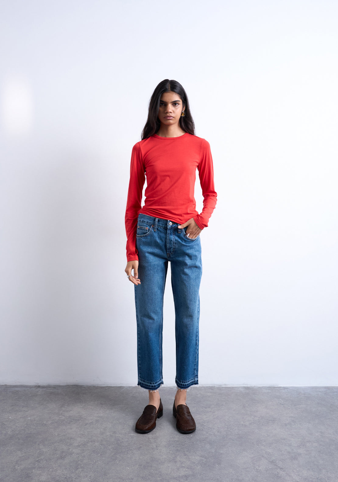 Topshop Runway Medium Rise Cropped Detail Denim Jeans - Blue Denim 5 Shaws Department Stores