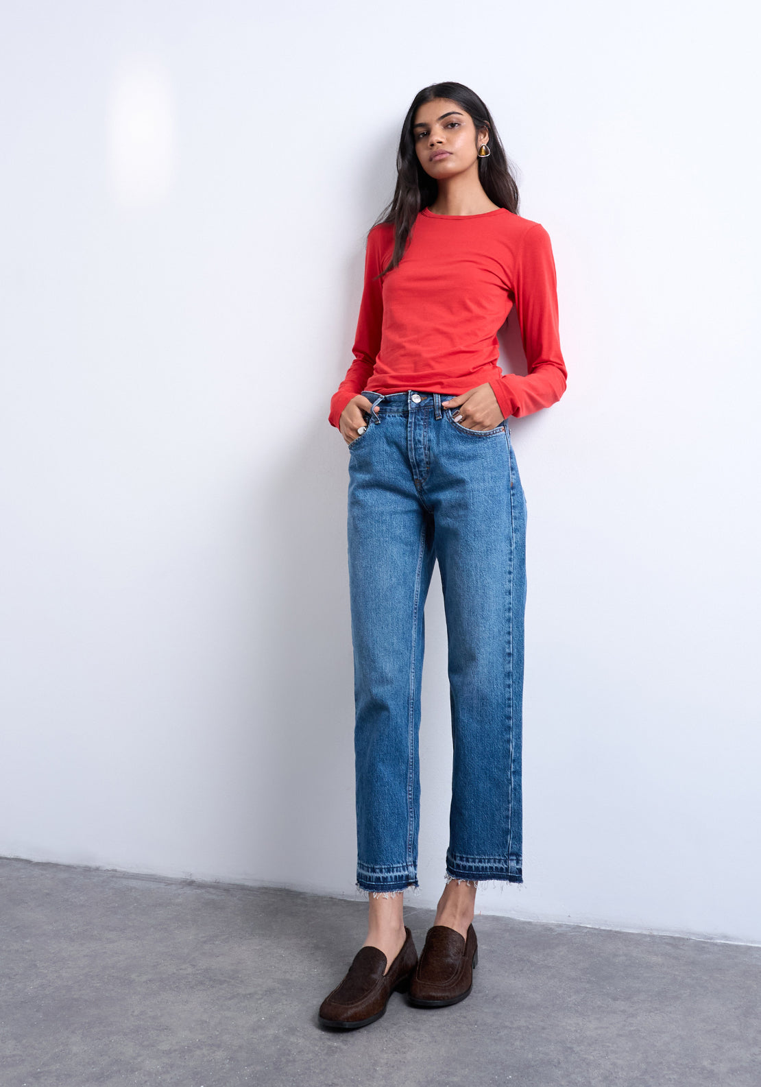 Topshop Runway Medium Rise Cropped Detail Denim Jeans - Blue Denim 4 Shaws Department Stores