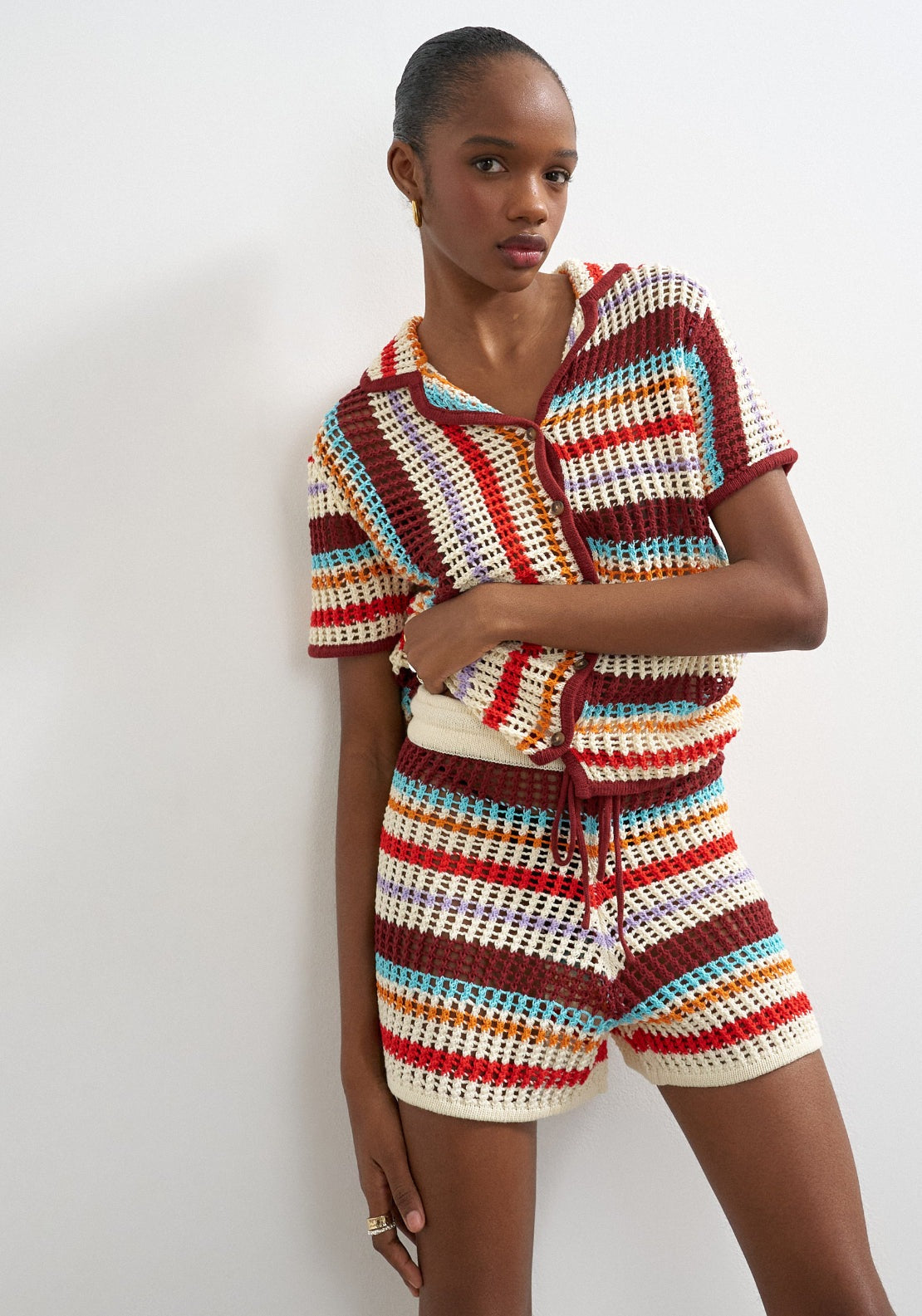 Topshop Kaia High Rise Crochet Stripped Knit Shorts - Burgundy 1 Shaws Department Stores