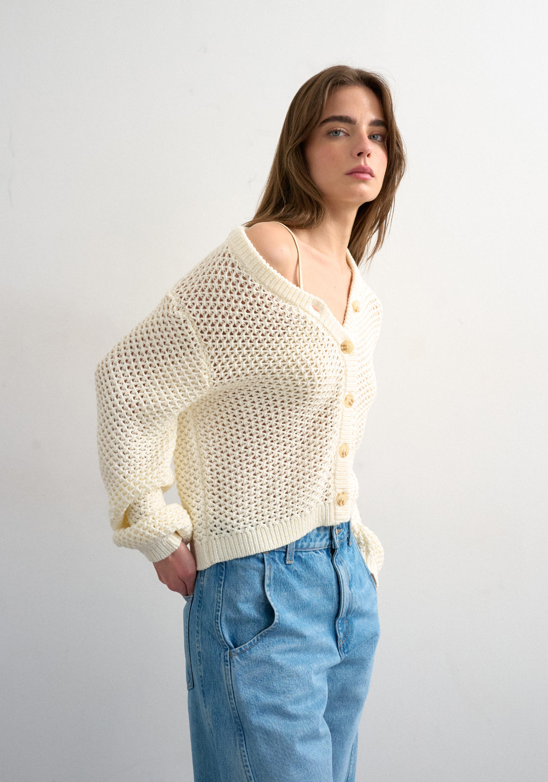 Topshop Emelie Long Sleeve Open Stitch Cardigan - White 1 Shaws Department Stores