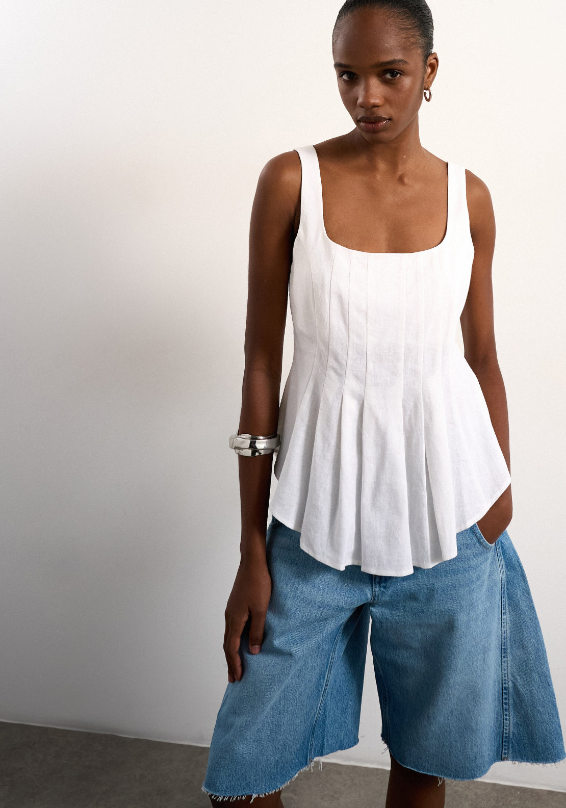 Topshop Linen Blend Mariam Sleeveless Curve Hem Top - White 1 Shaws Department Stores