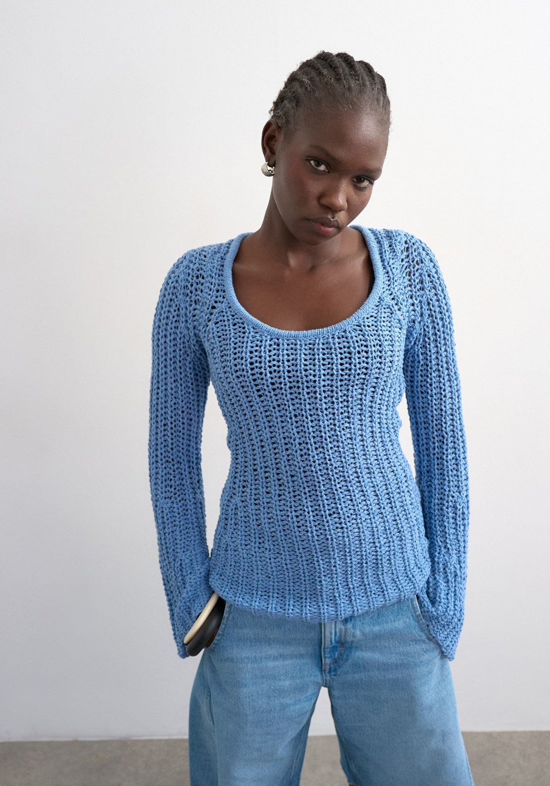 Topshop Fenja Knitted Open Stitch Long Sleeve Top - Brown 1 Shaws Department Stores