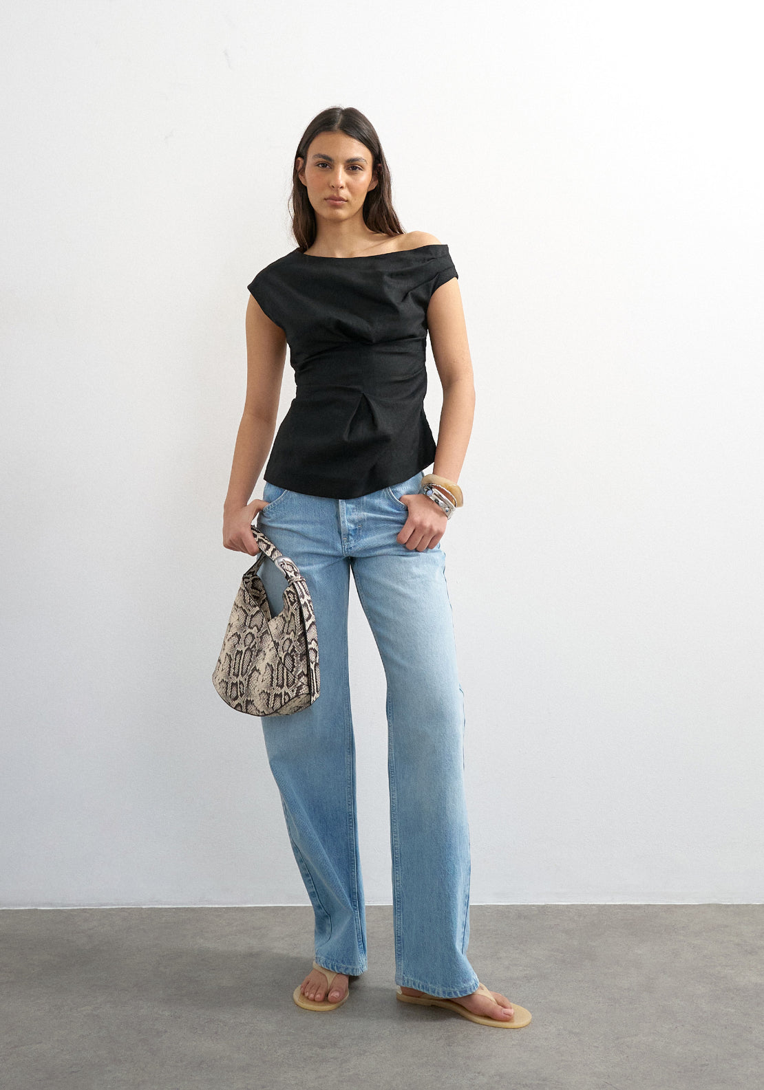 Topshop Linen Blend Casa Cinched Waist Top - Black 4 Shaws Department Stores