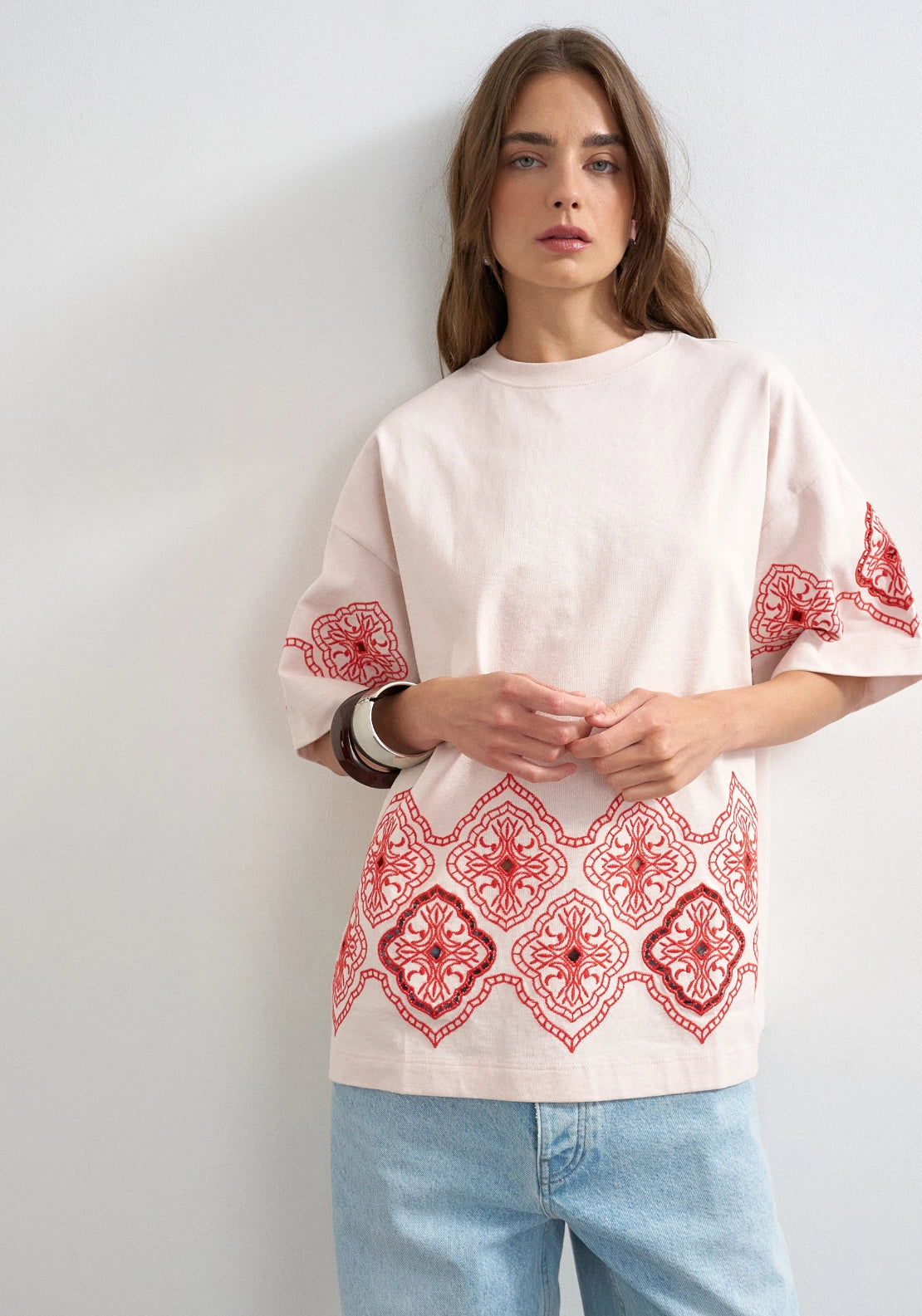 Emma Embroidered Oversized T-Shirt - Soft Pink