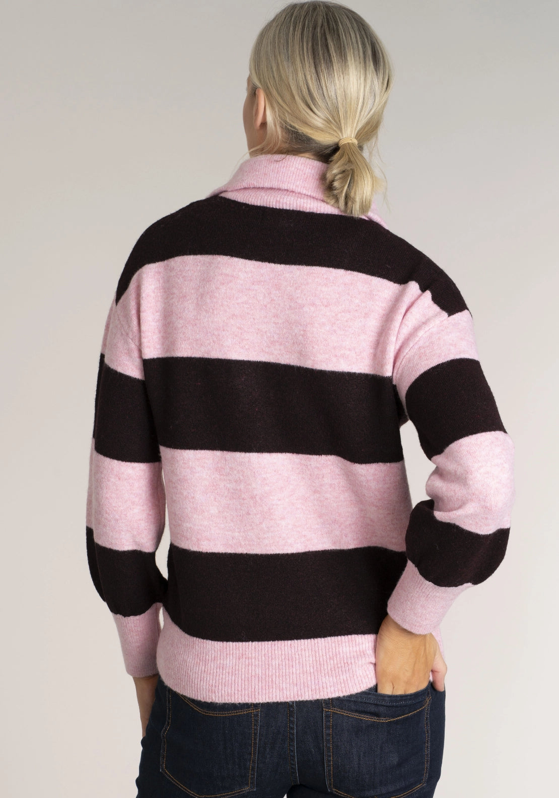 Tea Lane Half Zip Stripe Sweater - Pink Burgundy 2 Shaws Department Stores