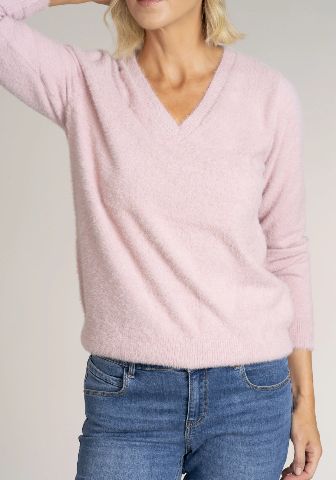 Tea Lane Fluffy V-Neck Jumper - Pink 4 Shaws Department Stores