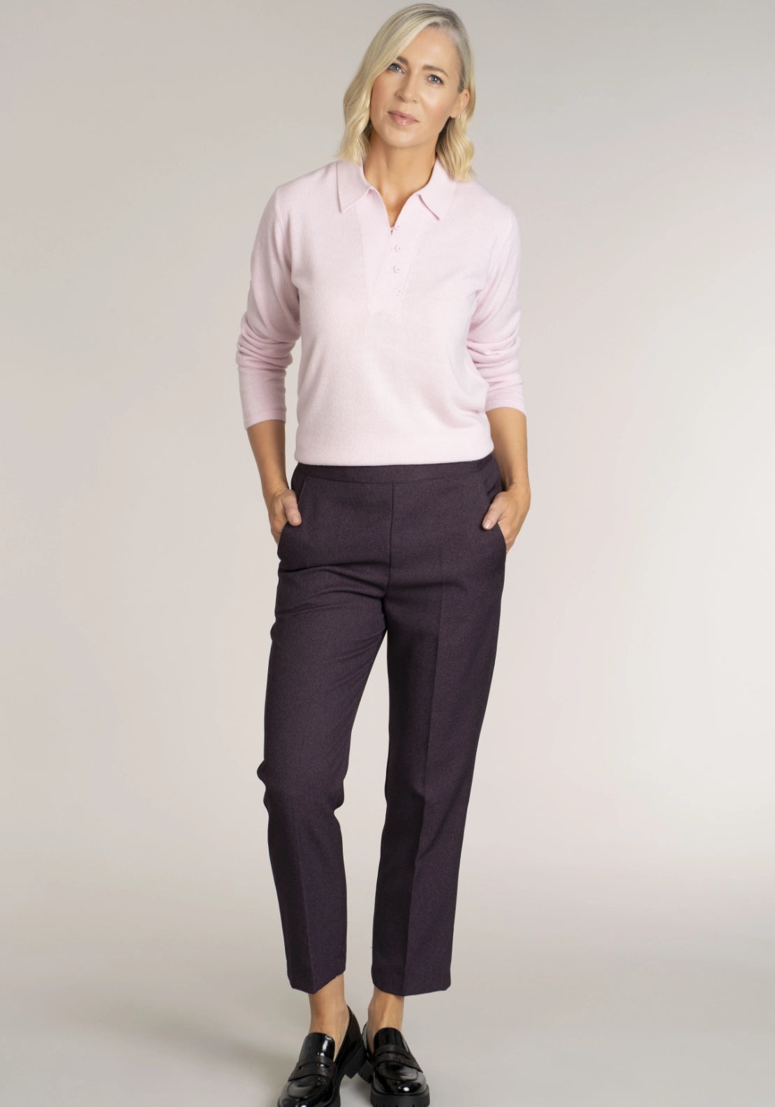 Tea Lane Elastic Waistband Trouser - Plum 4 Shaws Department Stores