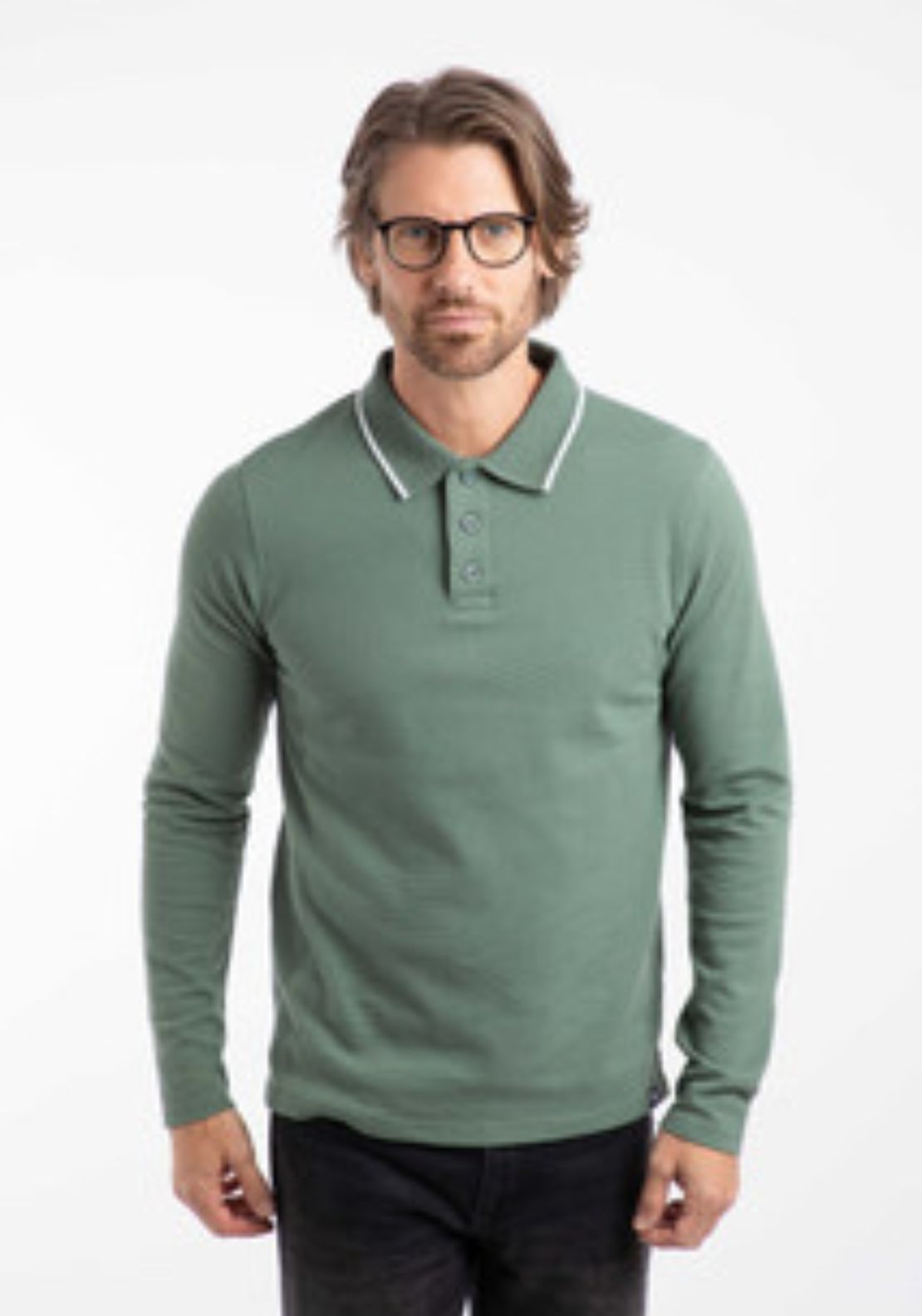 Weird Fish Theo Textured Long Sleeve Polo - Army Green 1 Shaws Department Stores