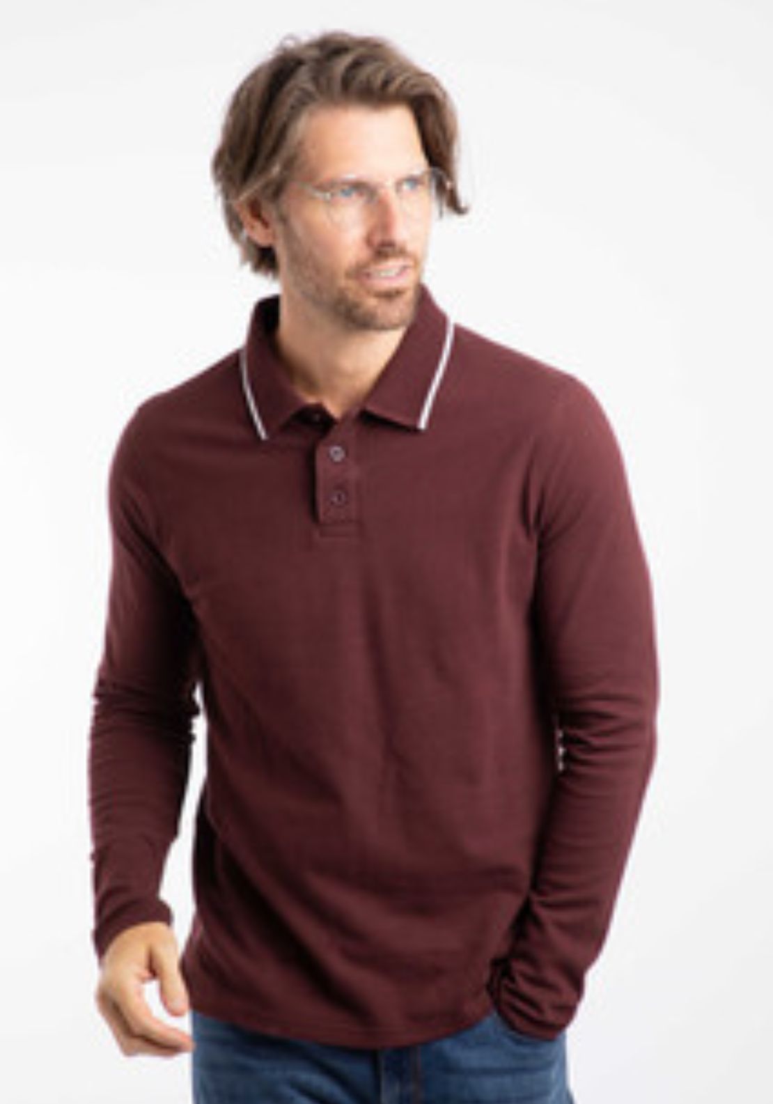 Weird Fish Theo Textured Long Sleeve Polo - Bitter Chocolate 1 Shaws Department Stores