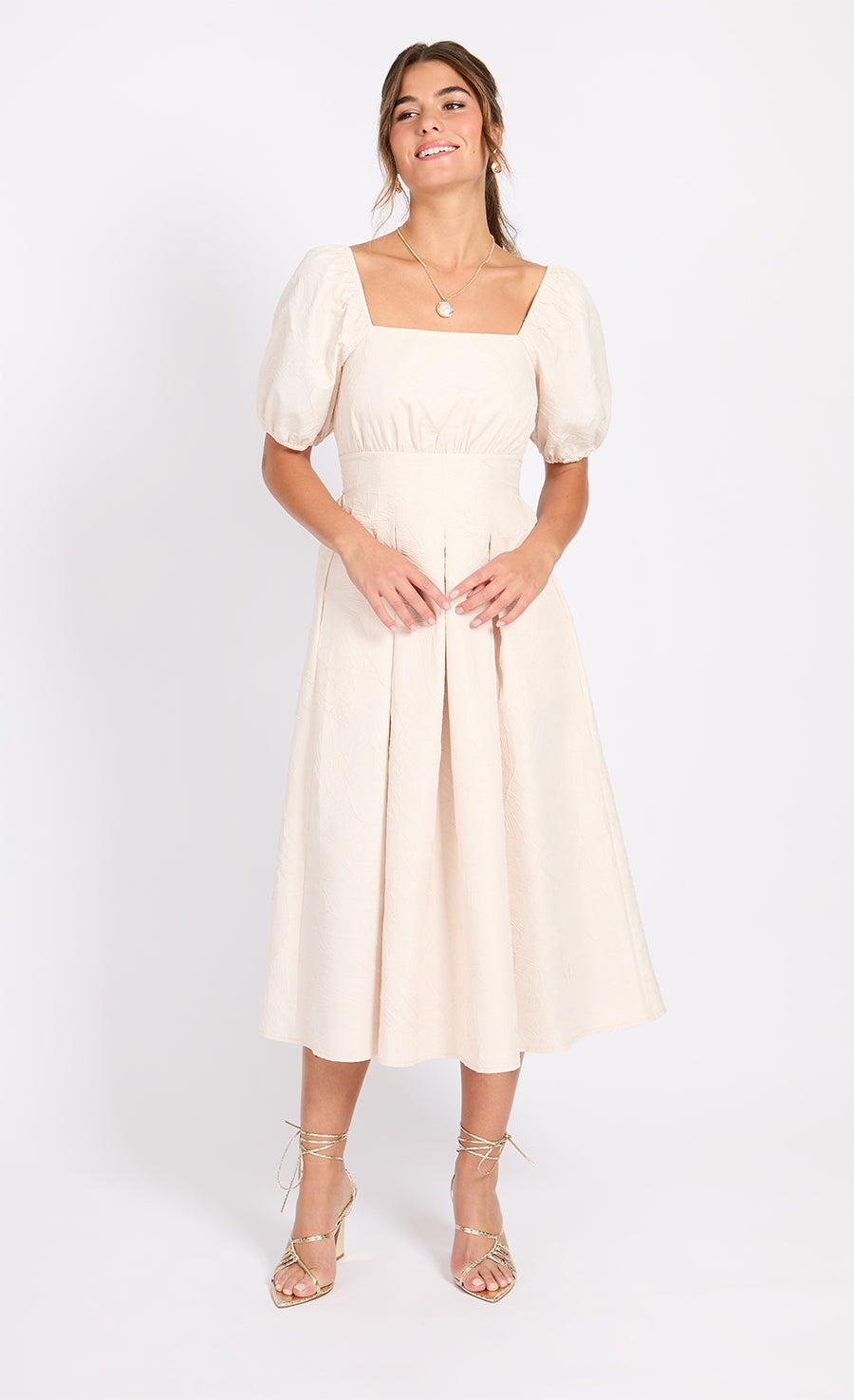 Little Mistress Cream Leaf Texture Midaxi Dress - Cream 1 Shaws Department Stores