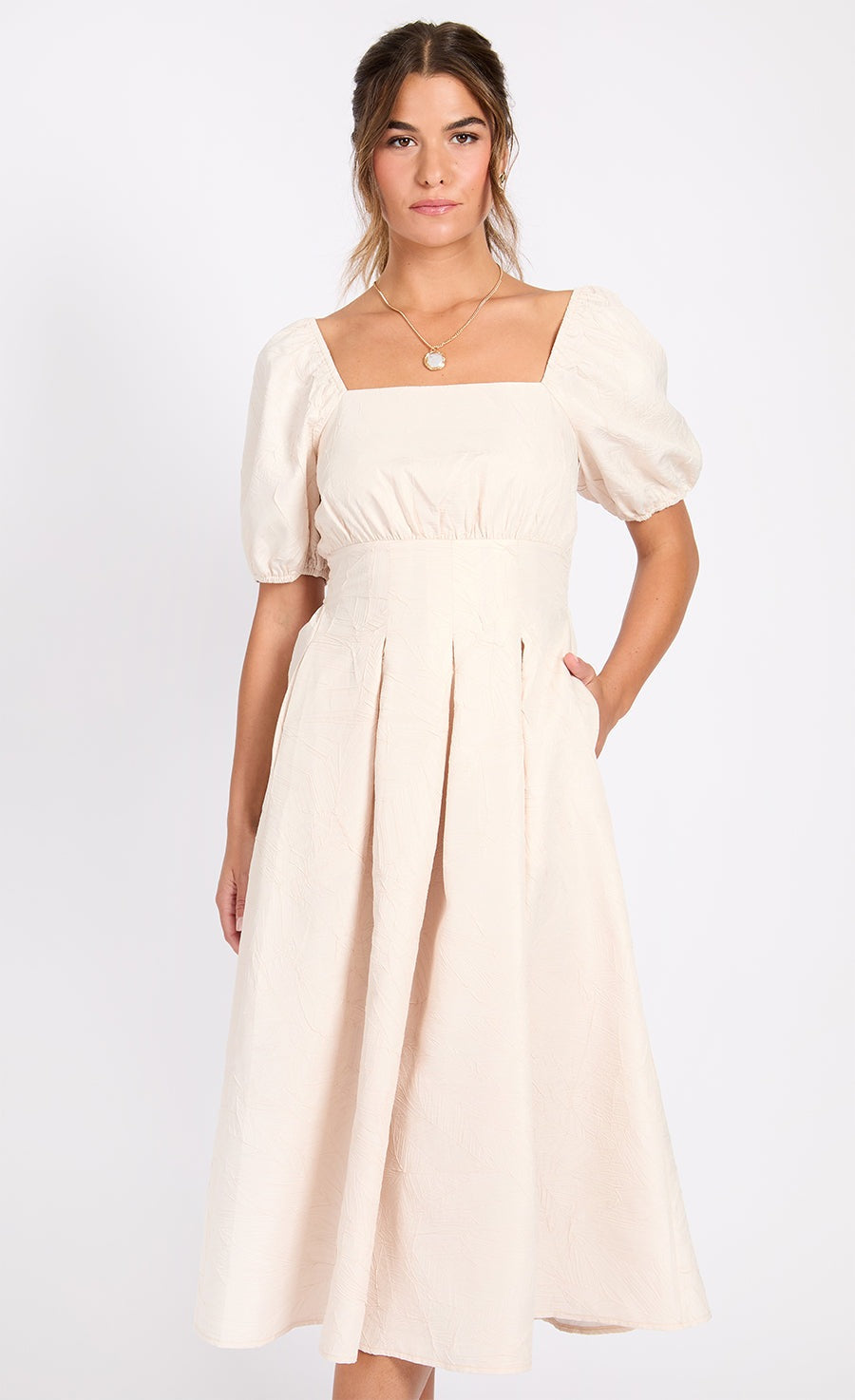 Little Mistress Cream Leaf Texture Midaxi Dress - Cream 2 Shaws Department Stores