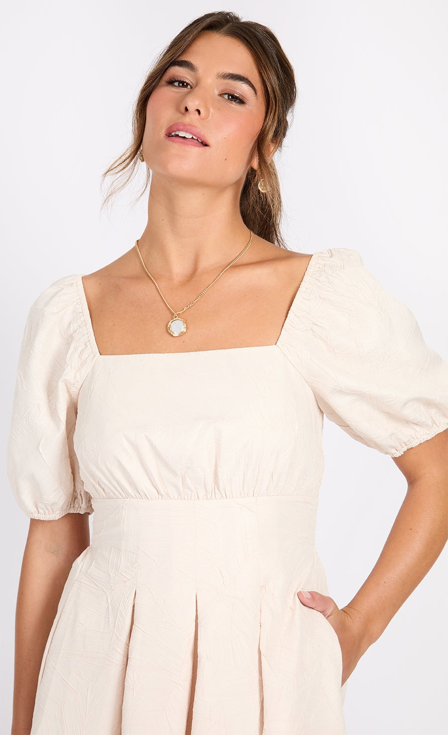 Little Mistress Cream Leaf Texture Midaxi Dress - Cream 3 Shaws Department Stores