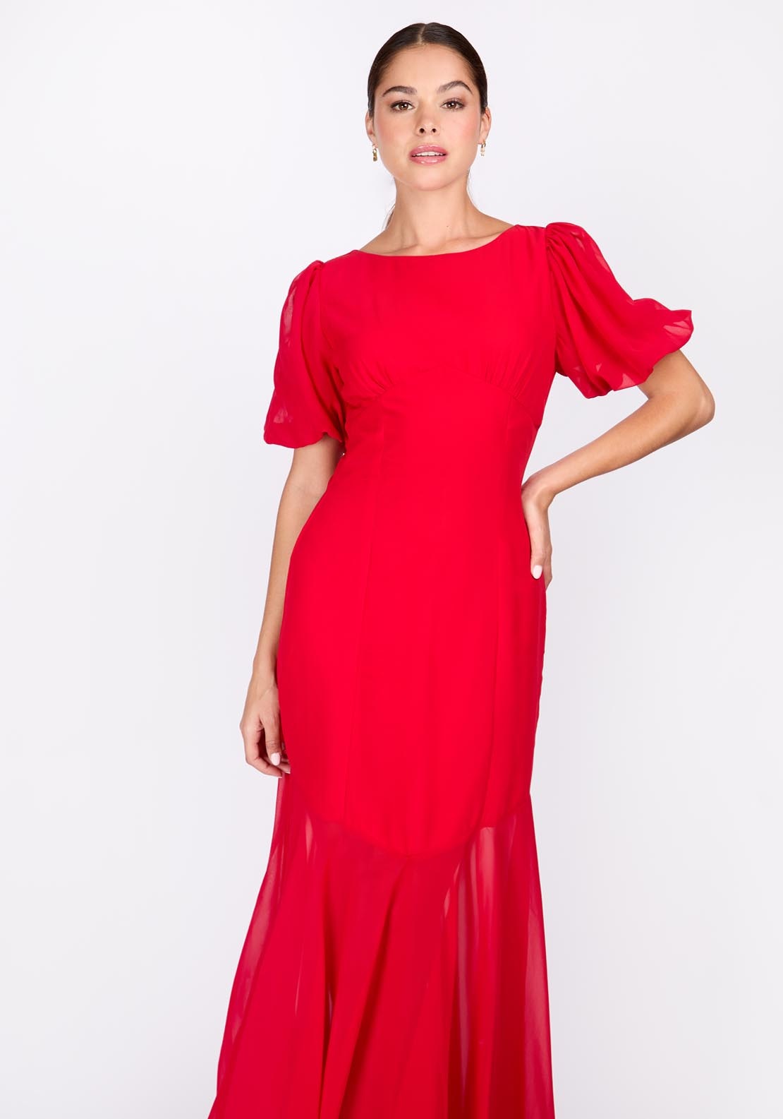Little Mistress Red Chiffon Puff Sleeve Maxi Dress - Crimson 4 Shaws Department Stores