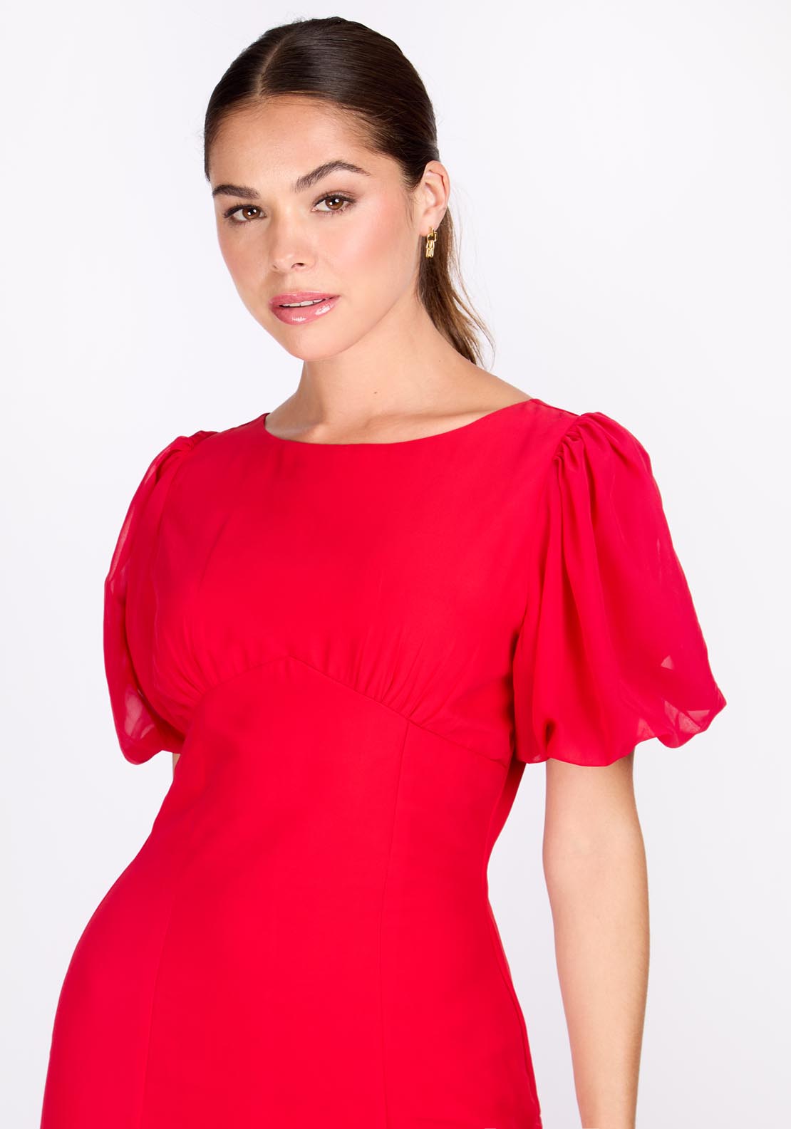 Little Mistress Red Chiffon Puff Sleeve Maxi Dress - Crimson 2 Shaws Department Stores