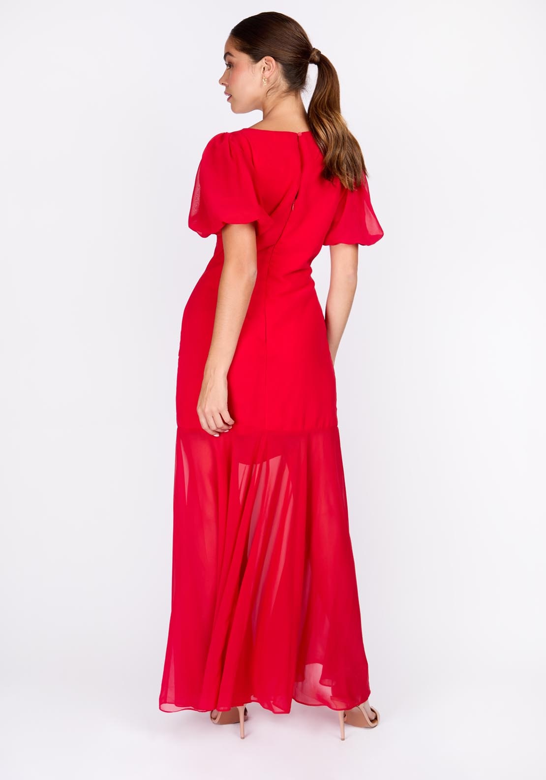 Little Mistress Red Chiffon Puff Sleeve Maxi Dress - Crimson 1 Shaws Department Stores
