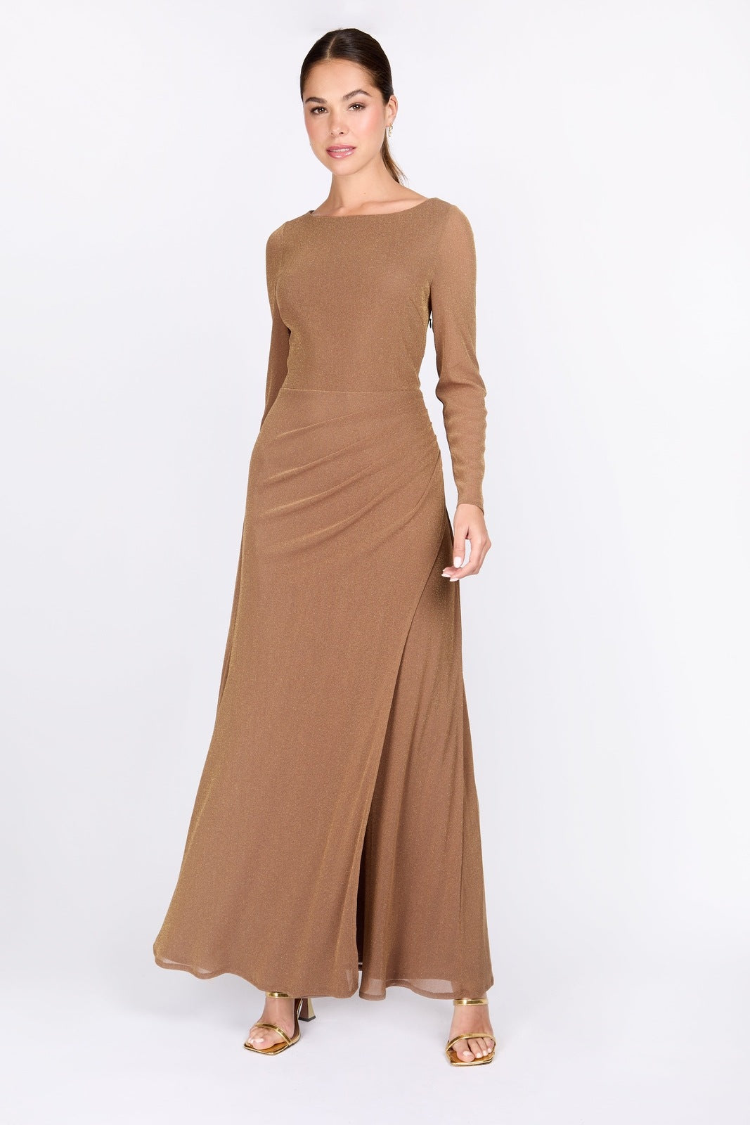 Little Mistress Taupe Lurex Long Sleeve Maxi Dress - Taupe 1 Shaws Department Stores