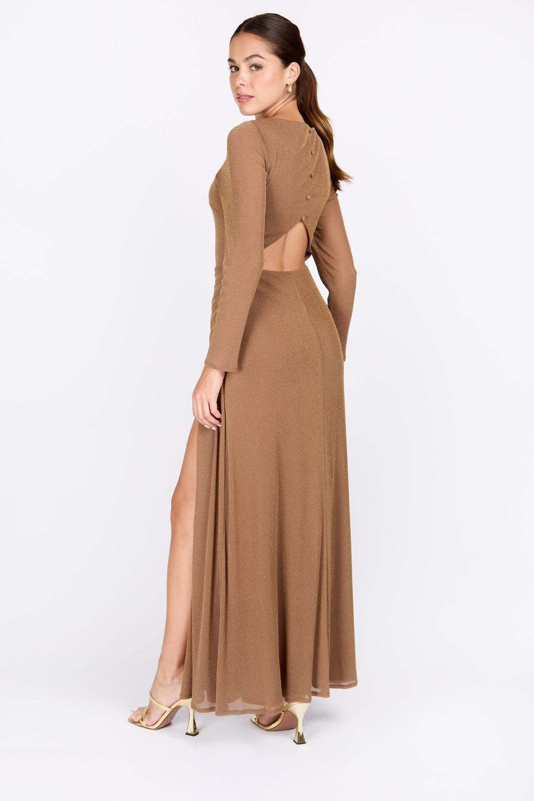 Little Mistress Taupe Lurex Long Sleeve Maxi Dress - Taupe 2 Shaws Department Stores