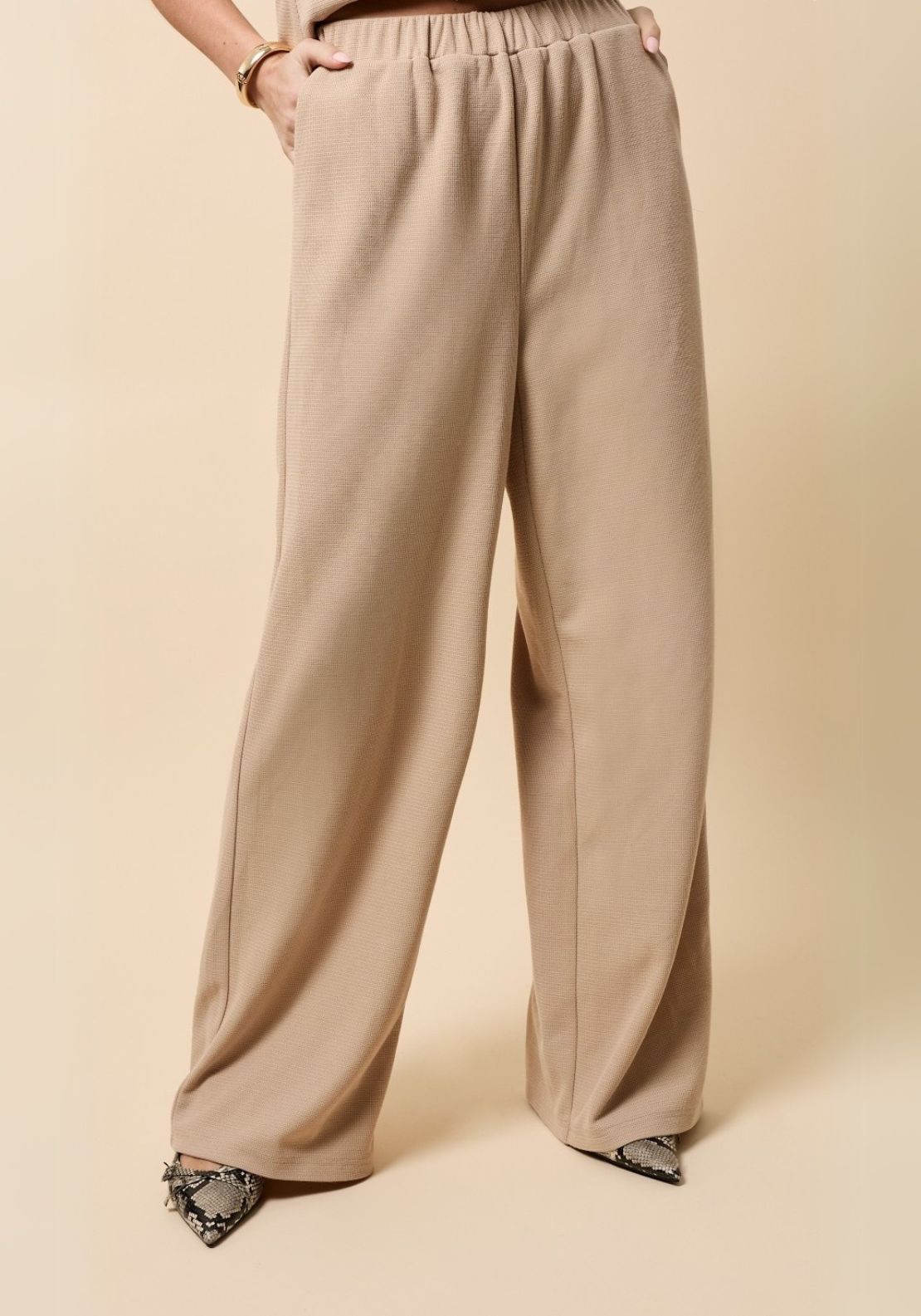 Little Mistress Taupe Wide Leg Knitted Trousers - Beige 1 Shaws Department Stores